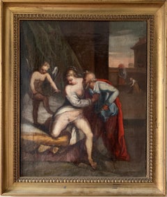 17th Century Italian Old Master Oil Painting Old Man & Courtesan Woman