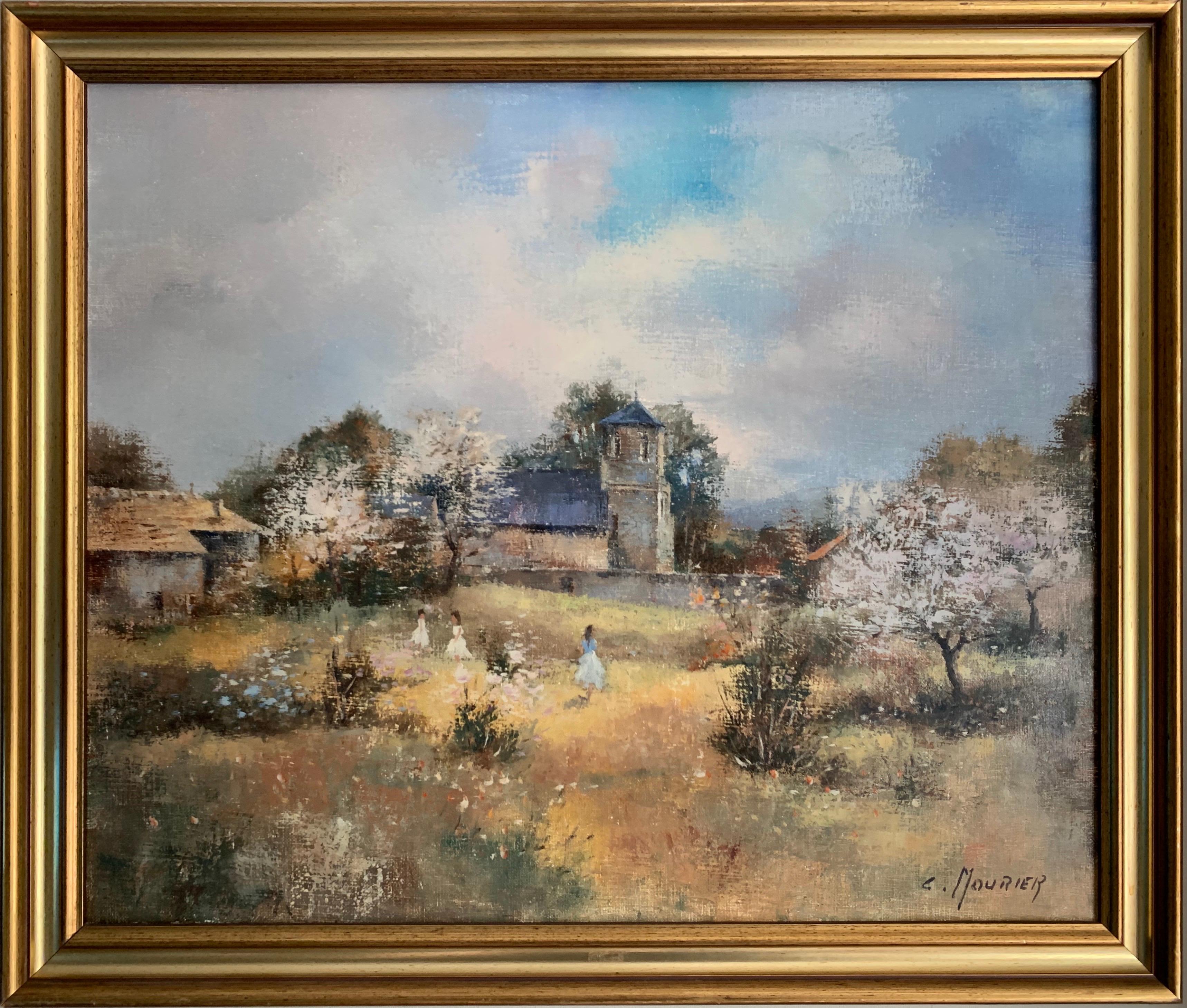 Bambini che giocano nei frutteti Fiori sugli alberi Olio impressionista francese firmato - Painting di Claude Mourier