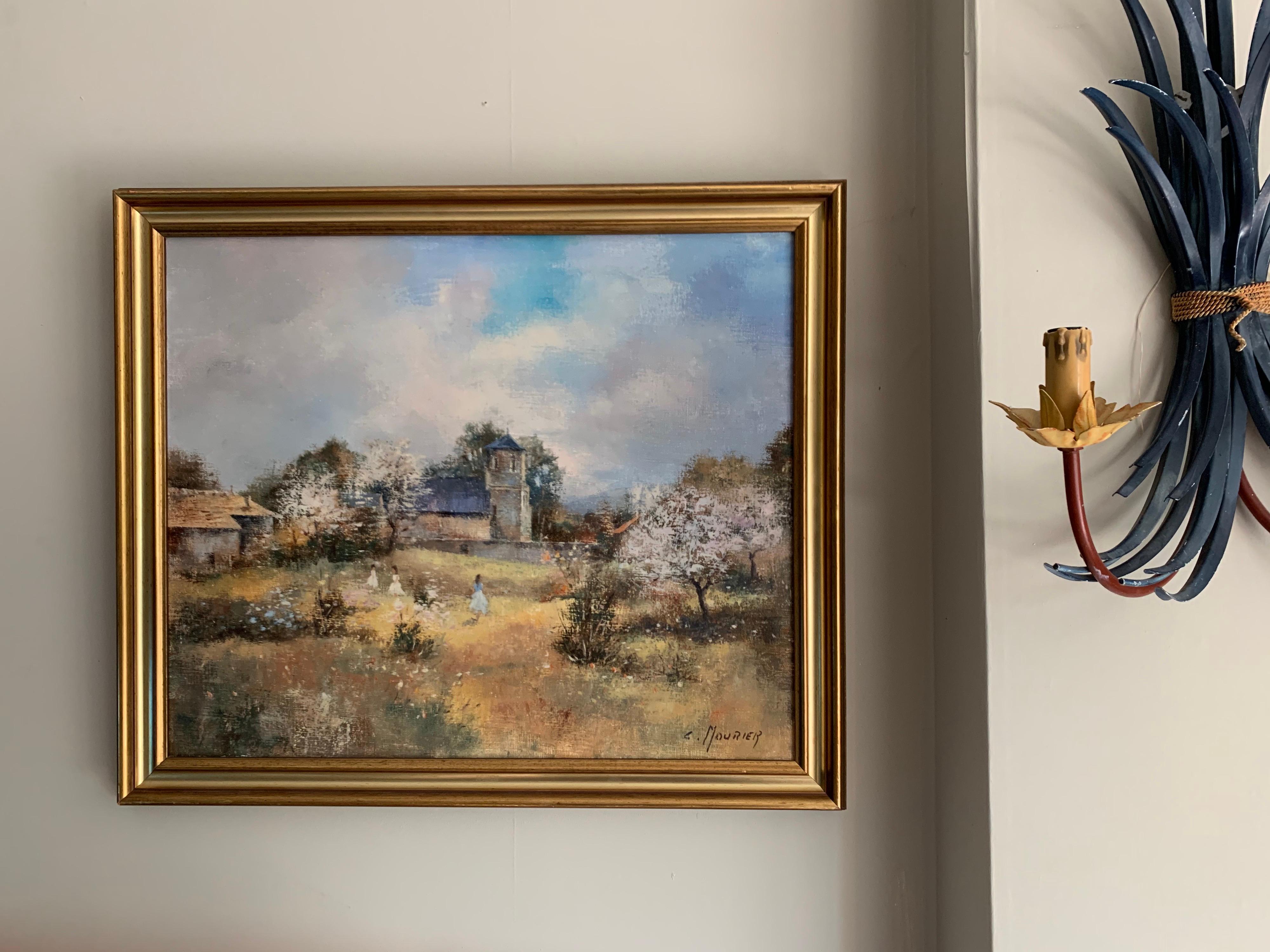 Bambini che giocano nei frutteti Fiori sugli alberi Olio impressionista francese firmato - Painting Impressionismo di Claude Mourier