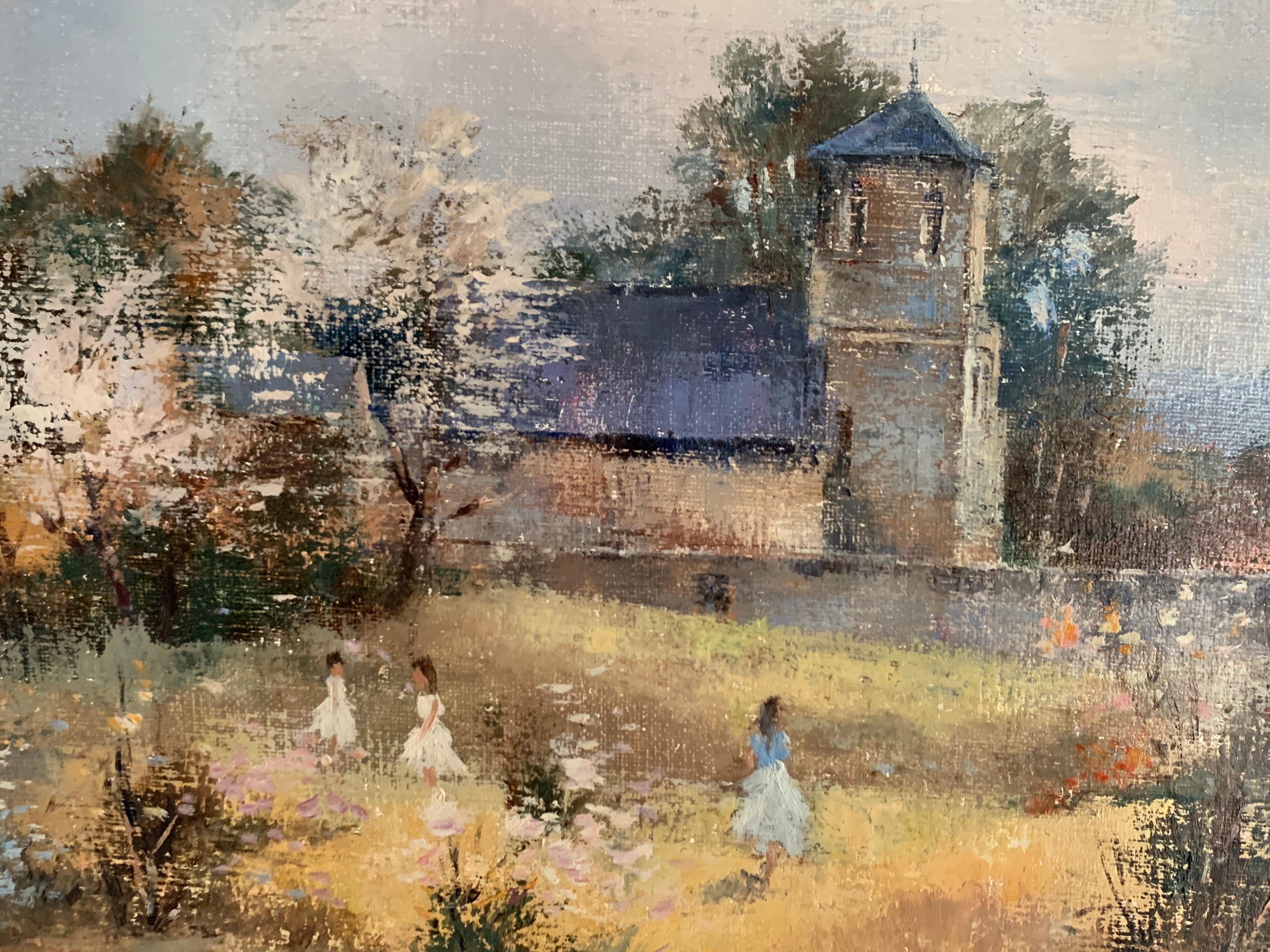 Children Playing in Orchards Blossom on Trees Signed French Impressionist Oil For Sale 1