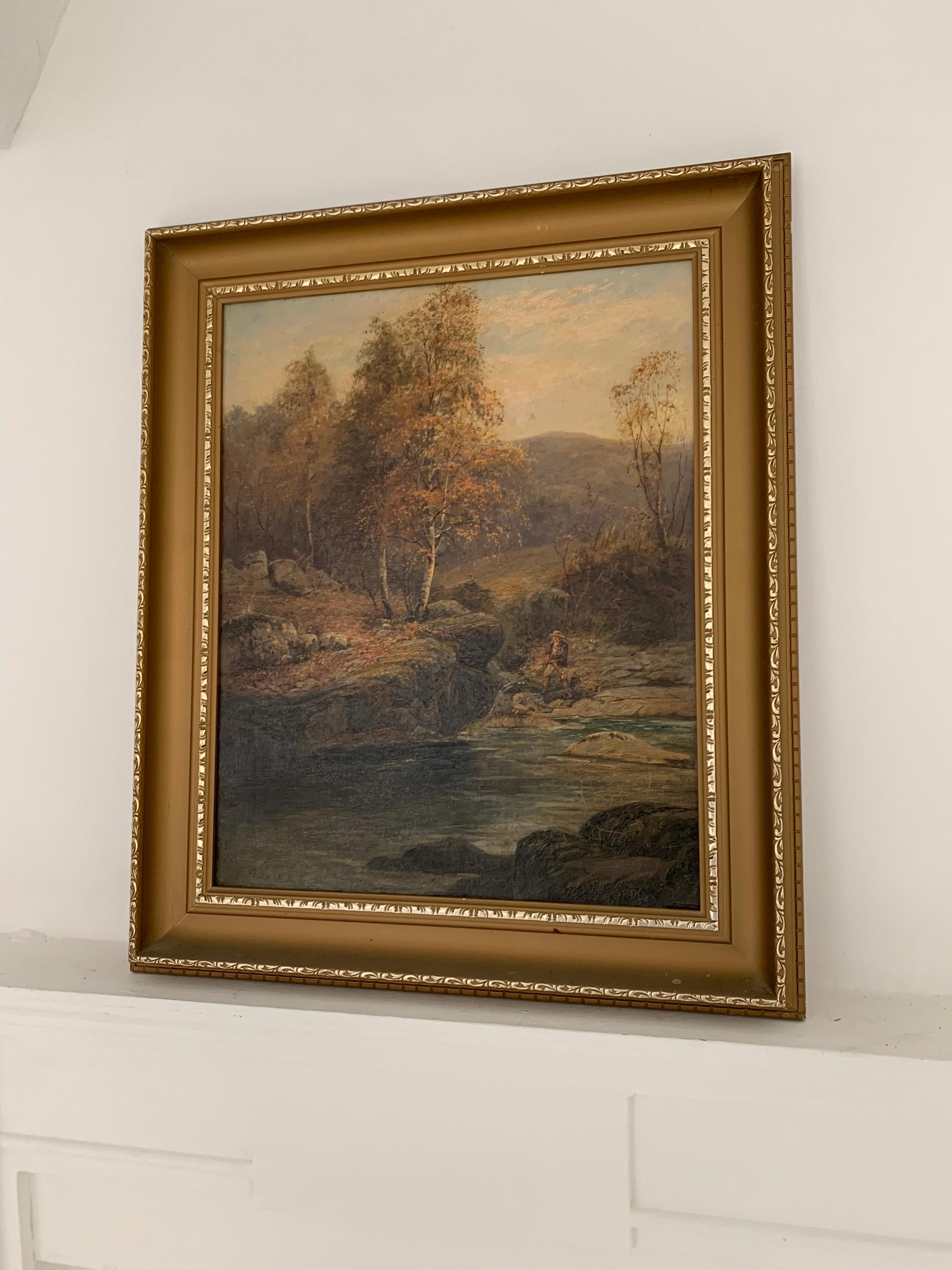 FINE VICTORIAN SIGNED OIL PAINTING - ANGLER IN AUTUMNAL RIVER LANDSCAPE - Painting by E. Davies