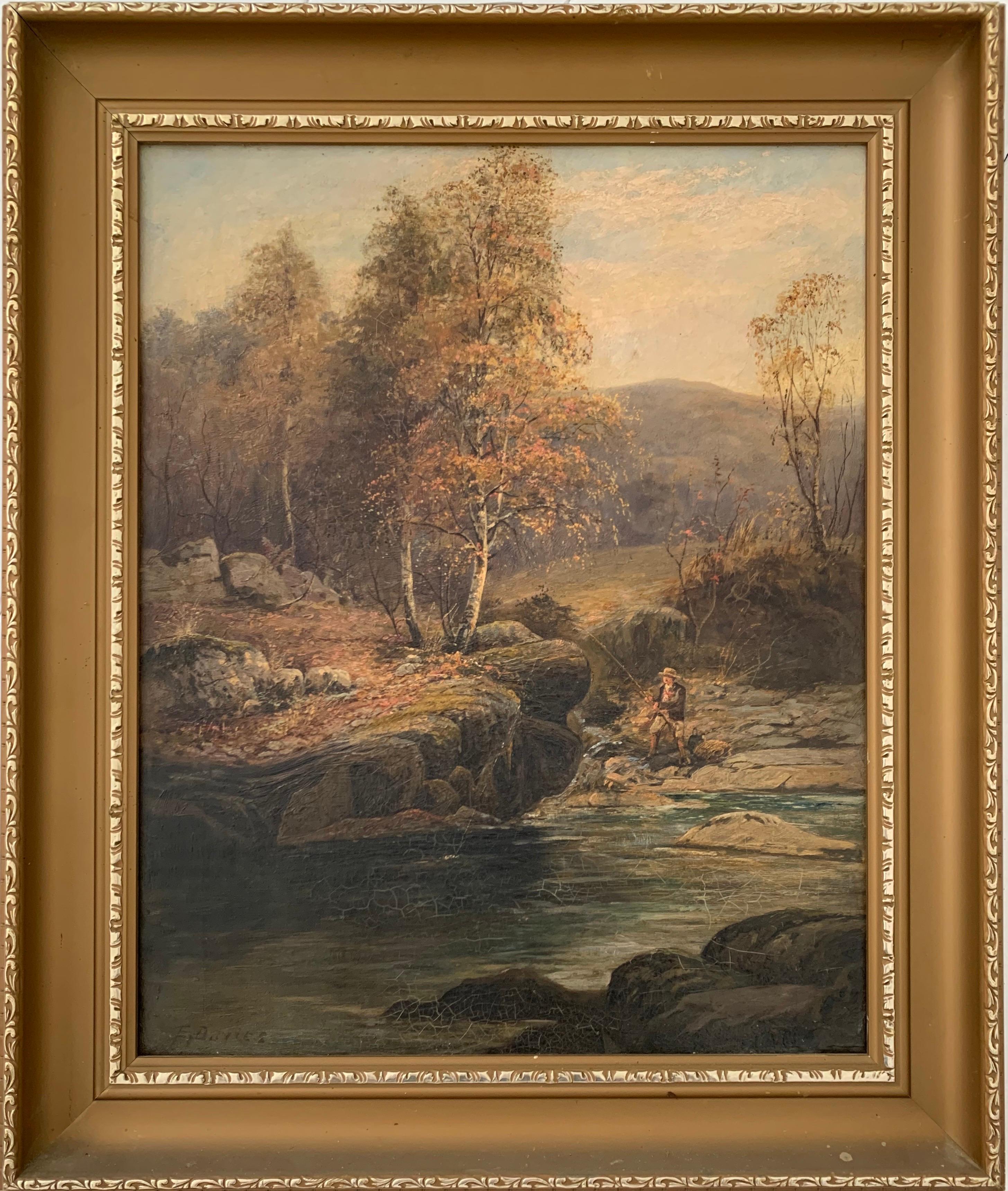 E. Davies Figurative Painting - FINE VICTORIAN SIGNED OIL PAINTING - ANGLER IN AUTUMNAL RIVER LANDSCAPE