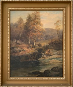 FINE VICTORIAN SIGNED OIL PAINTING - ANGLER IN AUTUMNAL RIVER LANDSCAPE