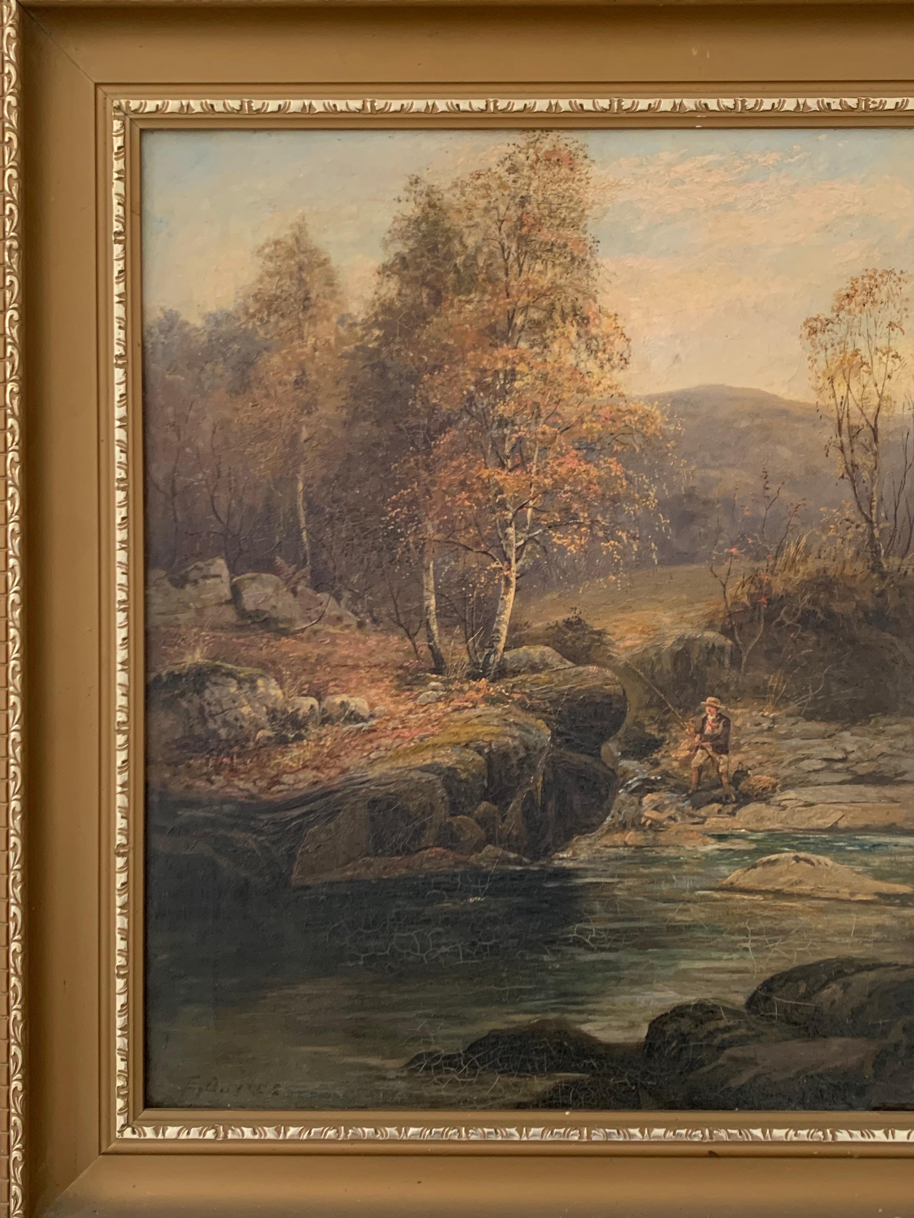 FINE VICTORIAN SIGNED OIL PAINTING - ANGLER IN AUTUMNAL RIVER LANDSCAPE - Victorian Painting by E. Davies