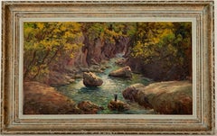VERY LARGE 1960'S FRENCH IMPRESSIONIST SIGNED OIL - ANGLER FISHING ROCKY GORGE