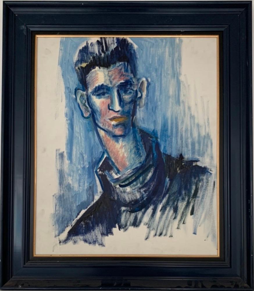 Portrait d'un jeune homme en bleu, école française, huile sur toile encadrée moderne - Painting de French painter