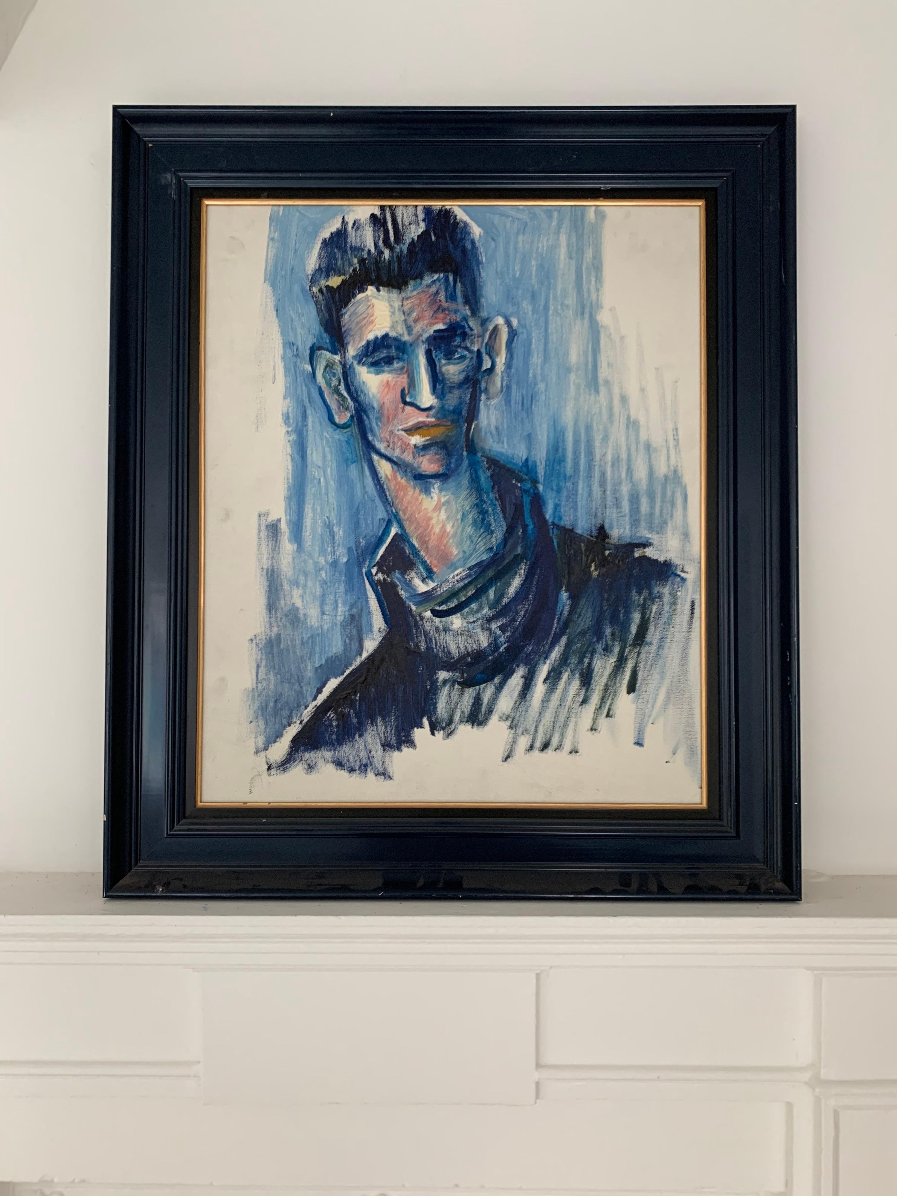 Portrait d'un jeune homme en bleu, école française, huile sur toile encadrée moderne - Impressionnisme abstrait Painting par French painter