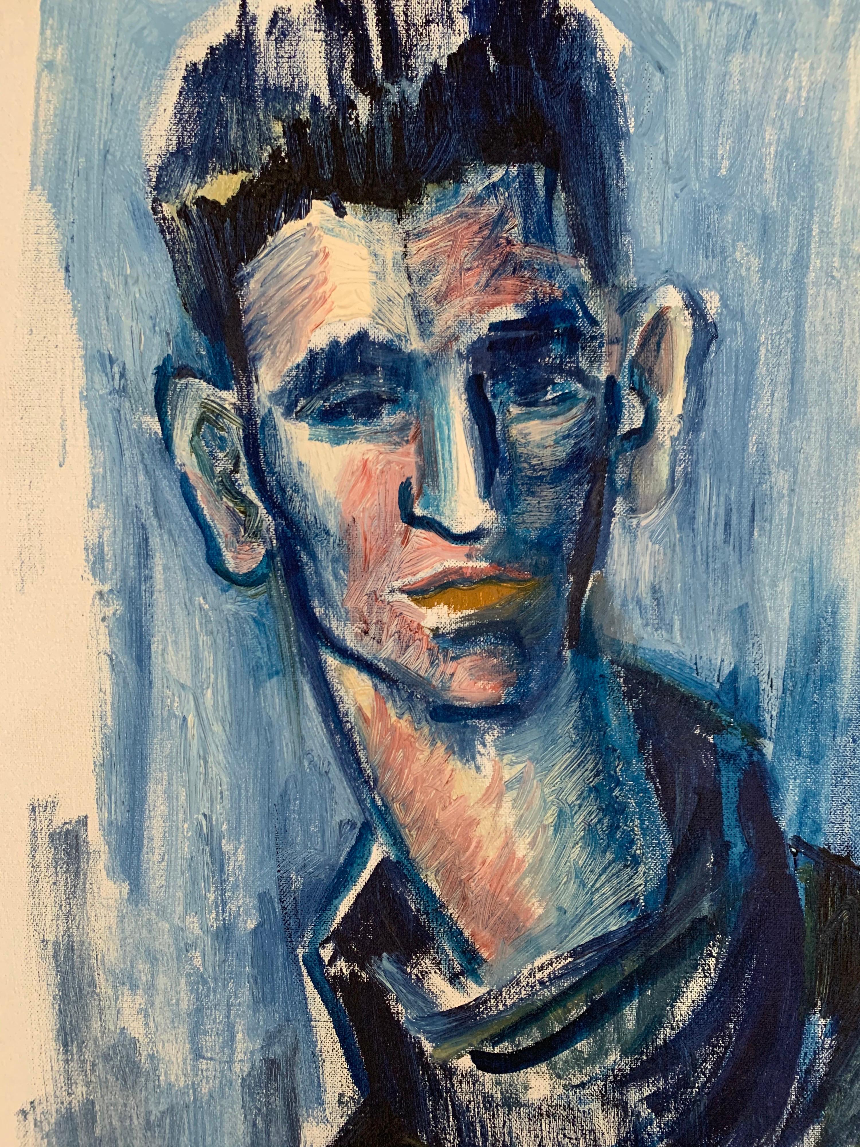 Portrait d'un jeune homme en bleu, école française, huile sur toile encadrée moderne - Gris Portrait Painting par French painter