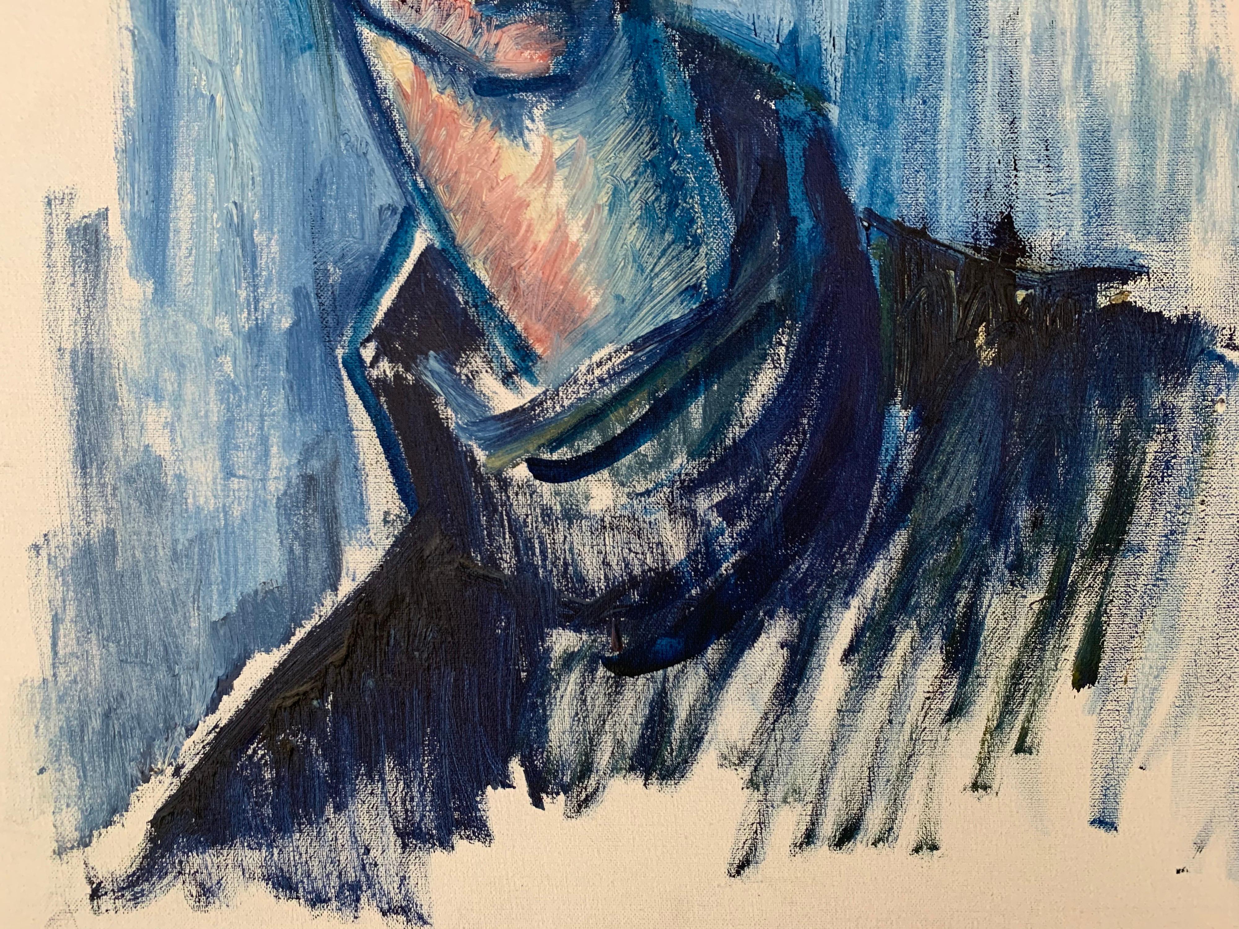L'homme en bleu
École française, vers 2000
peinture à l'huile sur toile, encadrée
toile : 60cm x 50cm
encadré : 76cm x 66cm

Superbe portrait décoratif français d'un jeune homme, peint en bleu. Merveilleusement esquissé par l'artiste dans sa façon