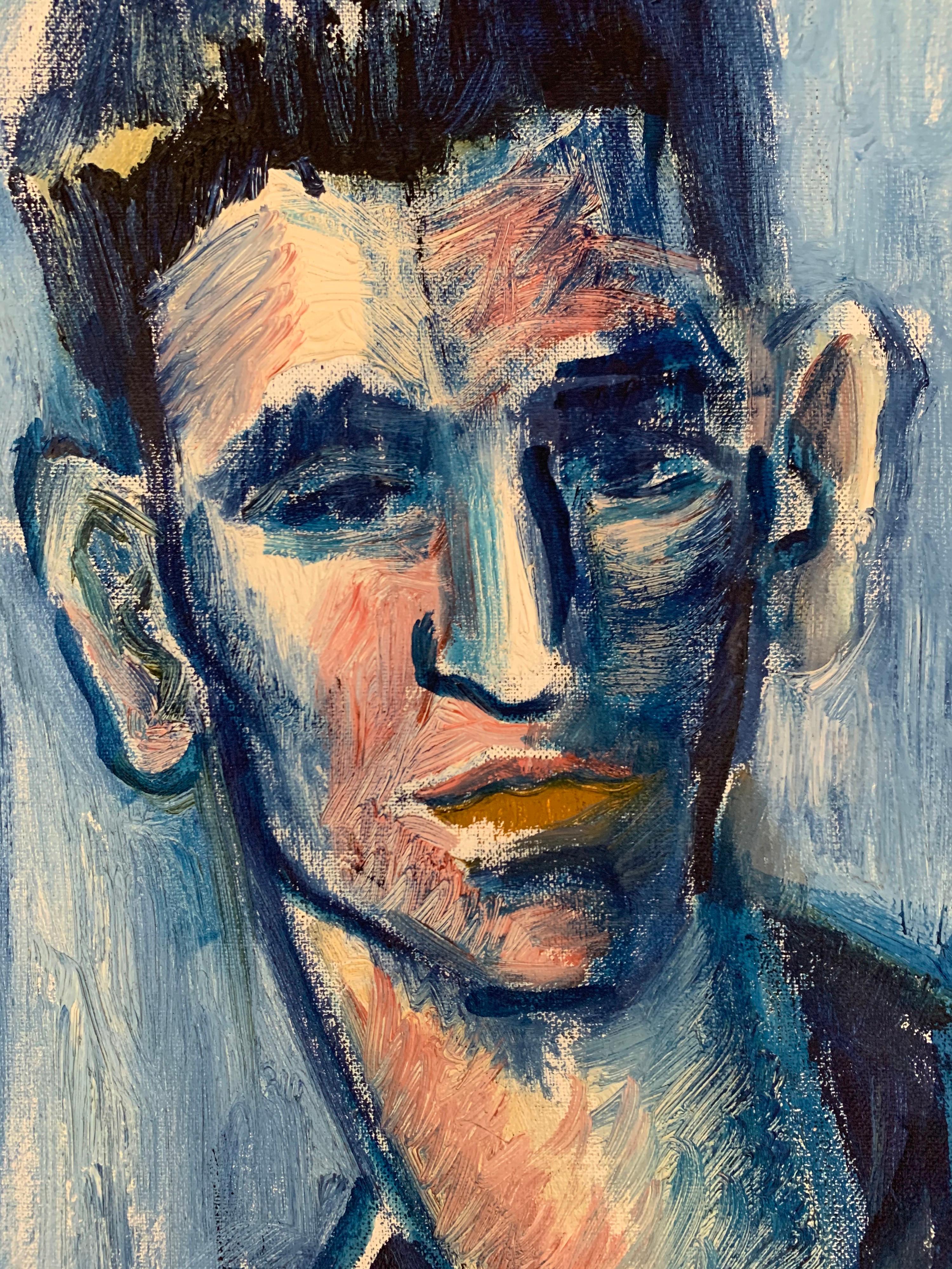 Portrait of Young Man in Blue, French School, oil on canvas framed modern - Abstract Impressionist Painting by French painter