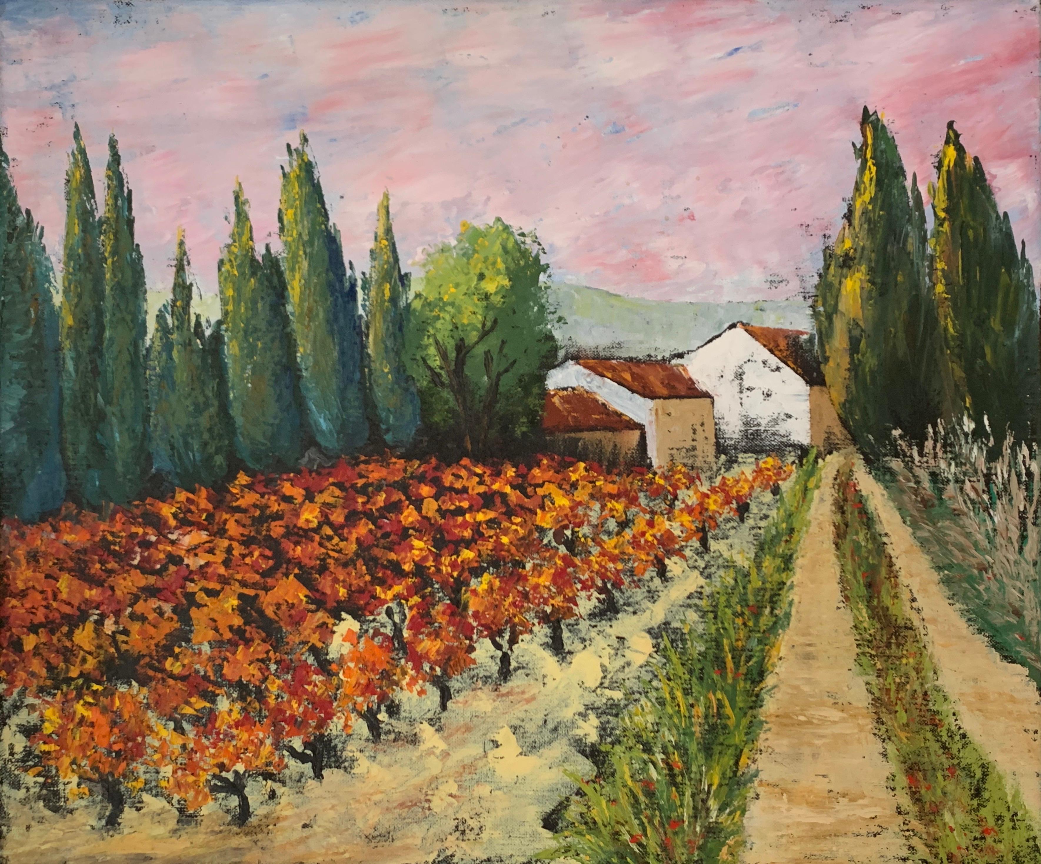 Provence artist Landscape Painting - Autumn Vineyard in Provence, Cypress Trees and Provencal House, Oil Painting