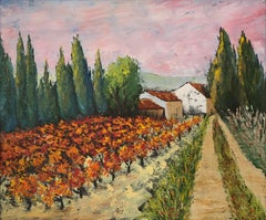 Autumn Vineyard in Provence, Cypress Trees and Provencal House, Oil Painting
