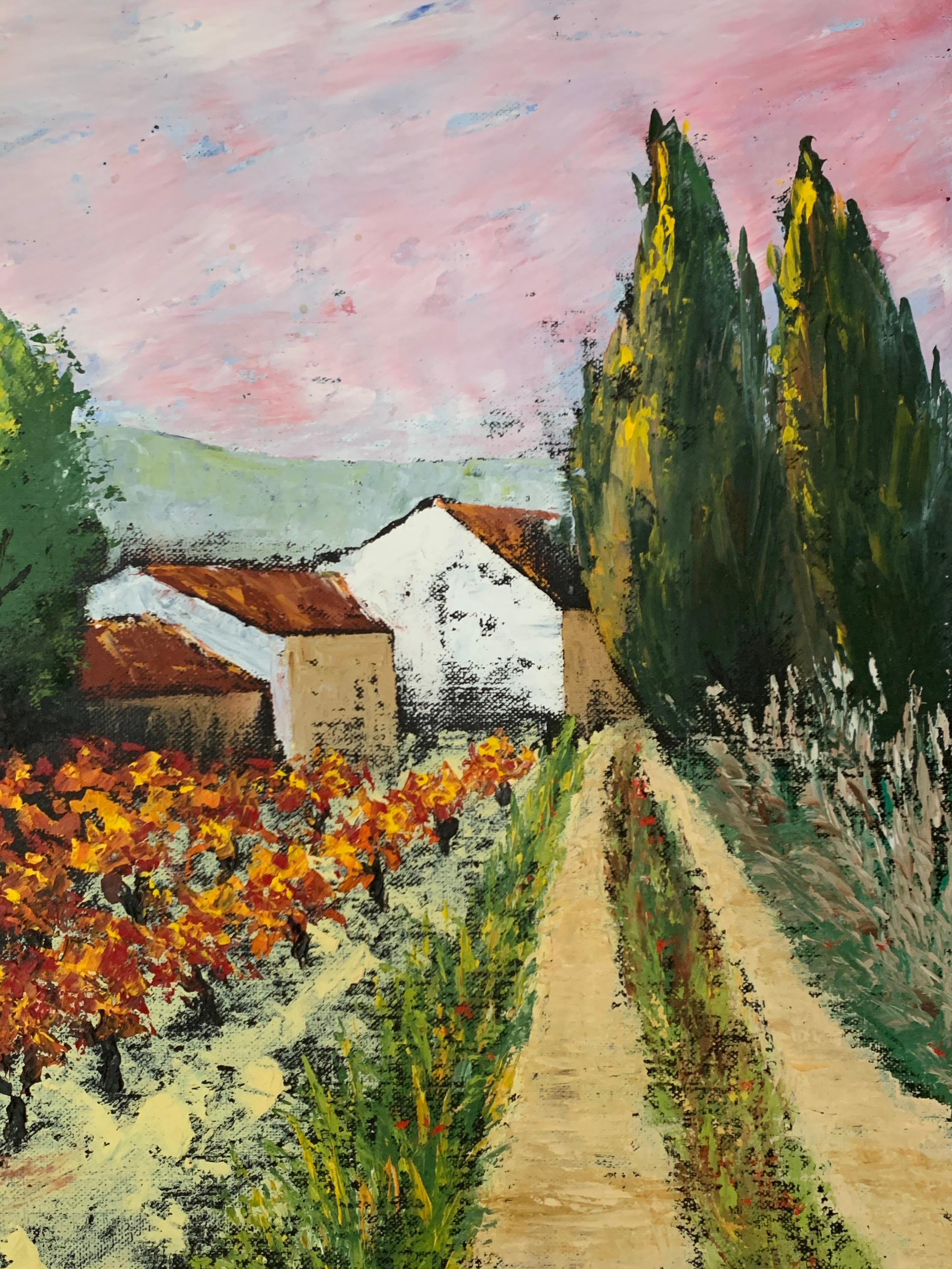 Autumn Vineyard in Provence, Cypress Trees and Provencal House, Oil Painting - Brown Landscape Painting by Provence artist