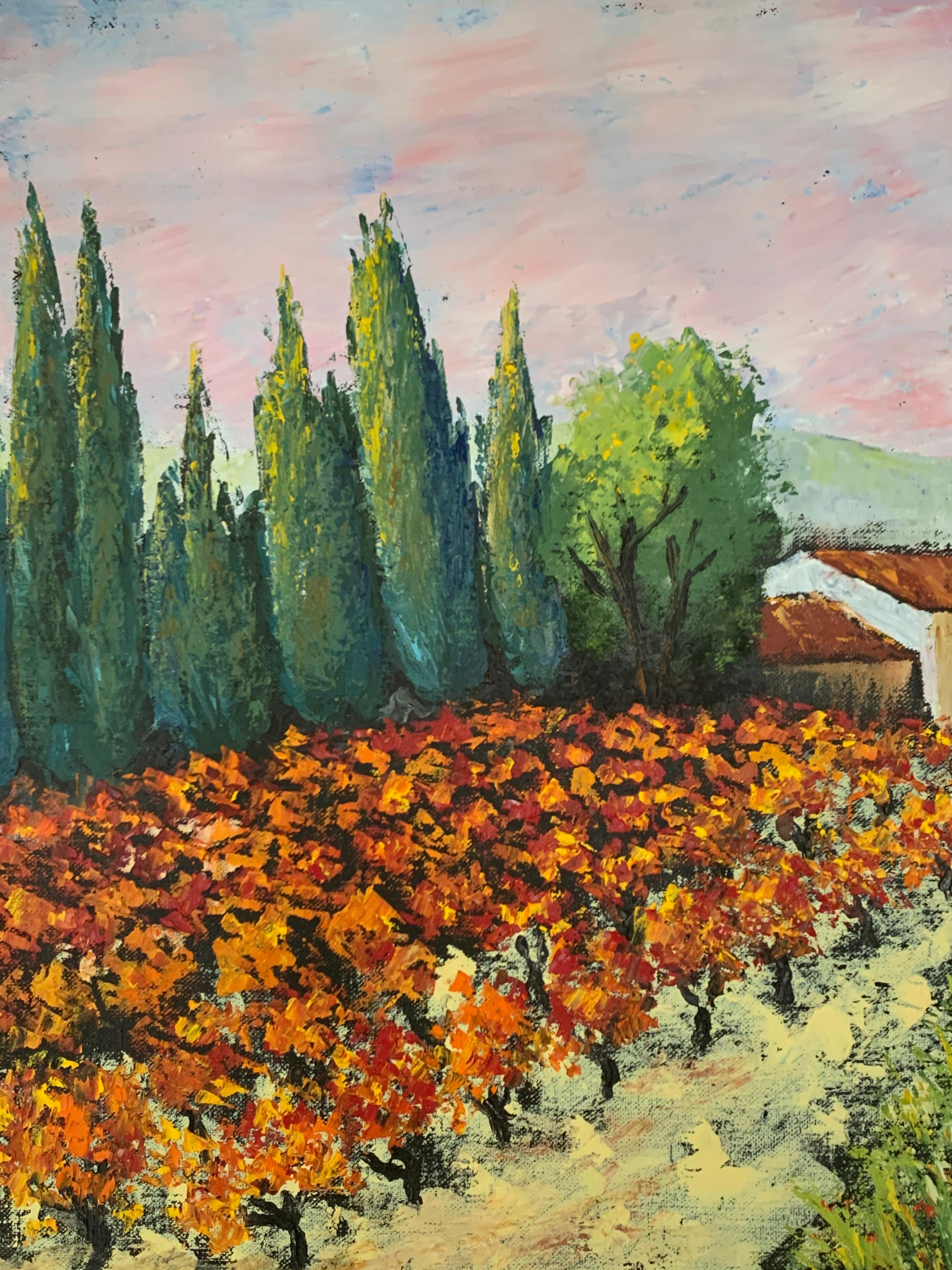 Autumn Vines
French School, circa 1970's
oil painting on canvas, framed
canvas: 45cm x 55cm
framed: 60cm x 68cm

Charming oil painting of a Provencal landscape with a vineyard full of autumn leaves. The grape harvest will have been gathered and the