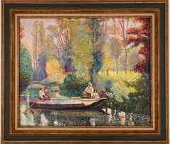 Vintage French Pointillist Signed Oil Painting Figures on River in Wooden Punt Landscape