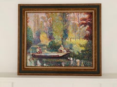 French Pointillist Signed Oil Painting Figures on River in Wooden Punt Landscape
