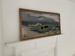 1950'S FRENCH SIGNED LARGE OIL - VINTAGE BOATS MOORED ON BEACH - MOODY SKIES