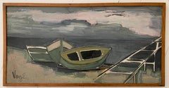 1950'S FRENCH SIGNED LARGE OIL - VINTAGE BOATS MOORED ON BEACH - MOODY SKIES