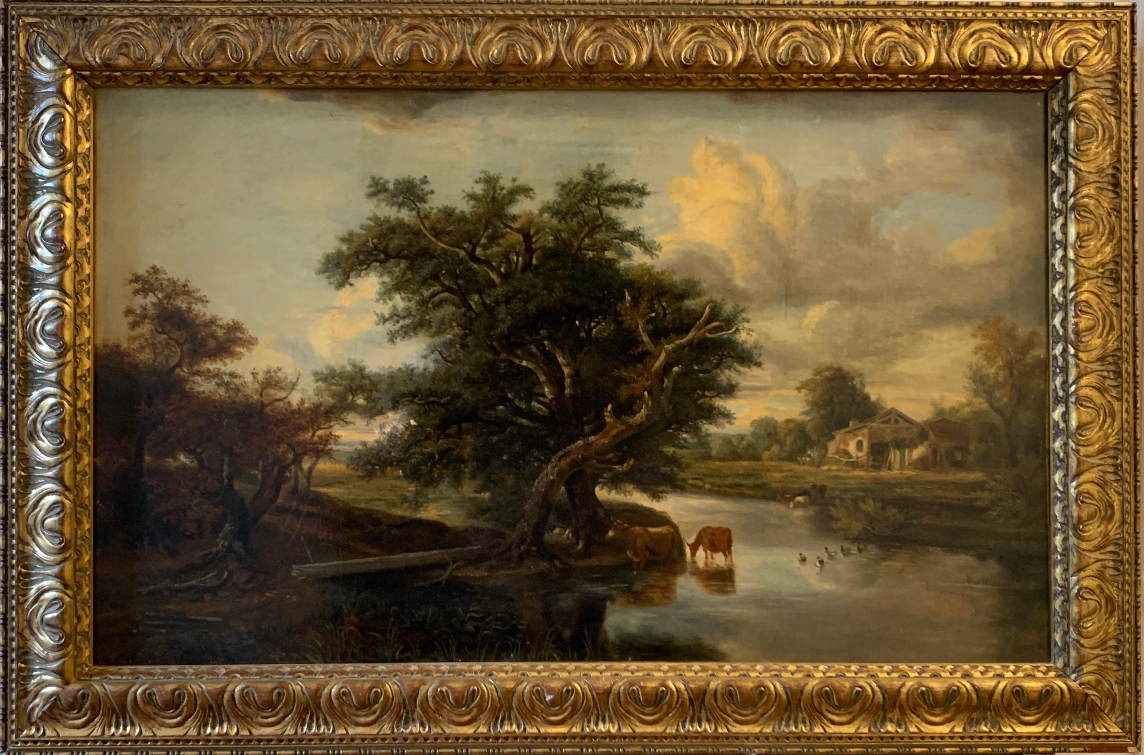 Dutch artist Animal Painting - FINE 1820'S DUTCH LARGE OIL PAINTING - CATTLE WATERING RIVER LANDSCAPE AT DUSK