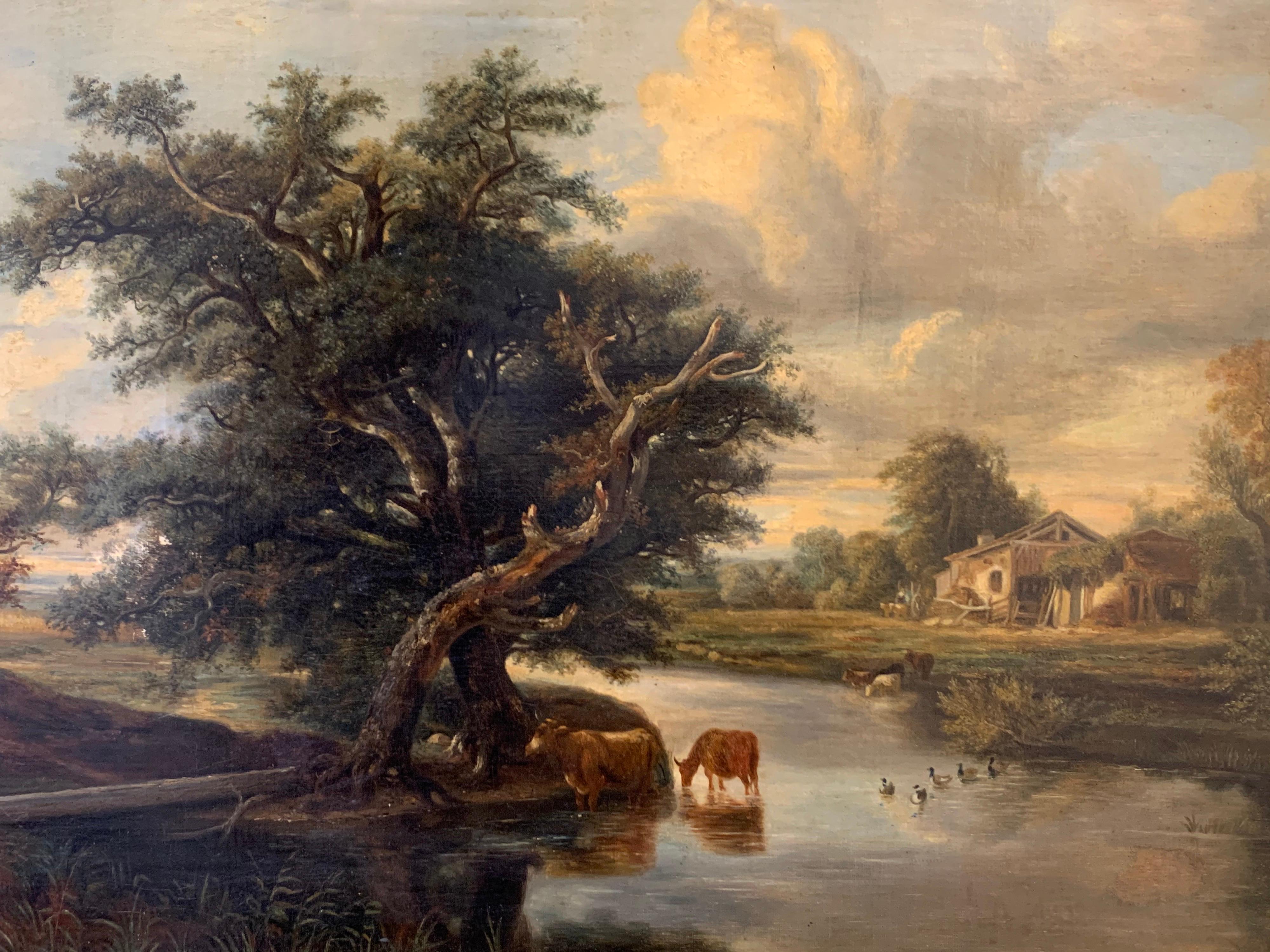 FINE 1820'S DUTCH LARGE OIL PAINTING - CATTLE WATERING RIVER LANDSCAPE AT DUSK - Victorian Painting by Dutch artist
