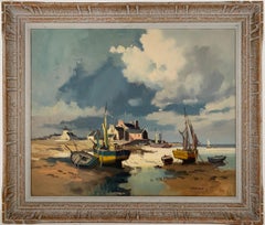 VINTAGE SIGNED EUROPEAN OIL - WINDSWEPT ESTUARY - BOATS AT LOW TIDE - FRAMED