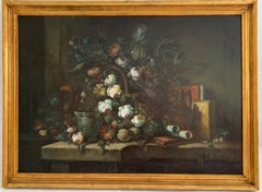 HUGE BELGIAN CLASSICAL STILL LIFE OIL PAINTING CANVAS - ABUNDANT FLORAL DISPLAY