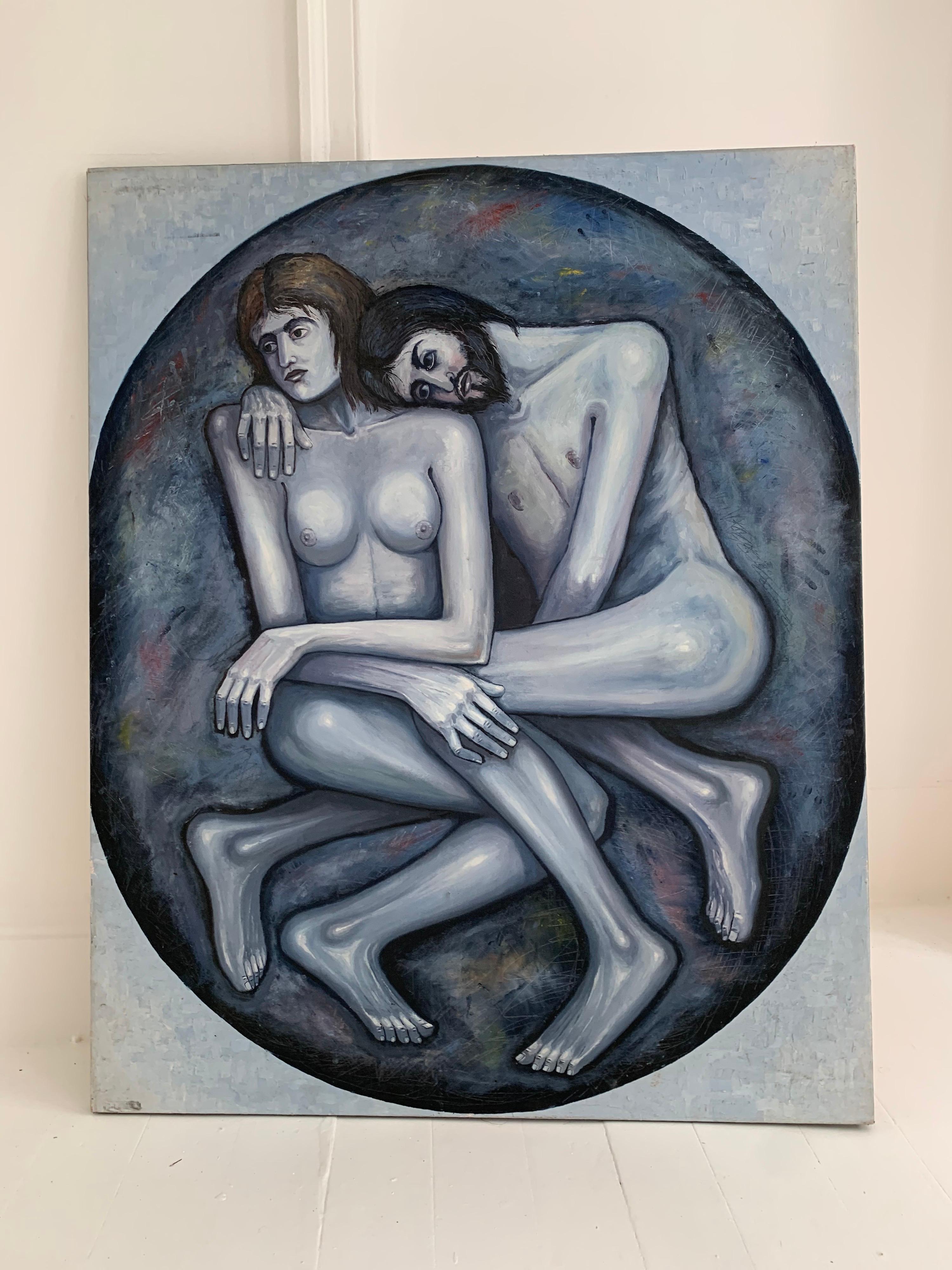 Großes französisches Ölgemälde auf Leinwand, 20. Jahrhundert, Adam & Eve, grau, schwarz und weiß, Oval – Painting von French Expressionist