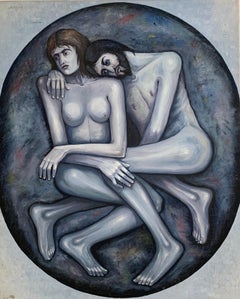 Très grande huile sur toile française du 20ème siècle - Adam et Ève gris, noir et blanc ovale