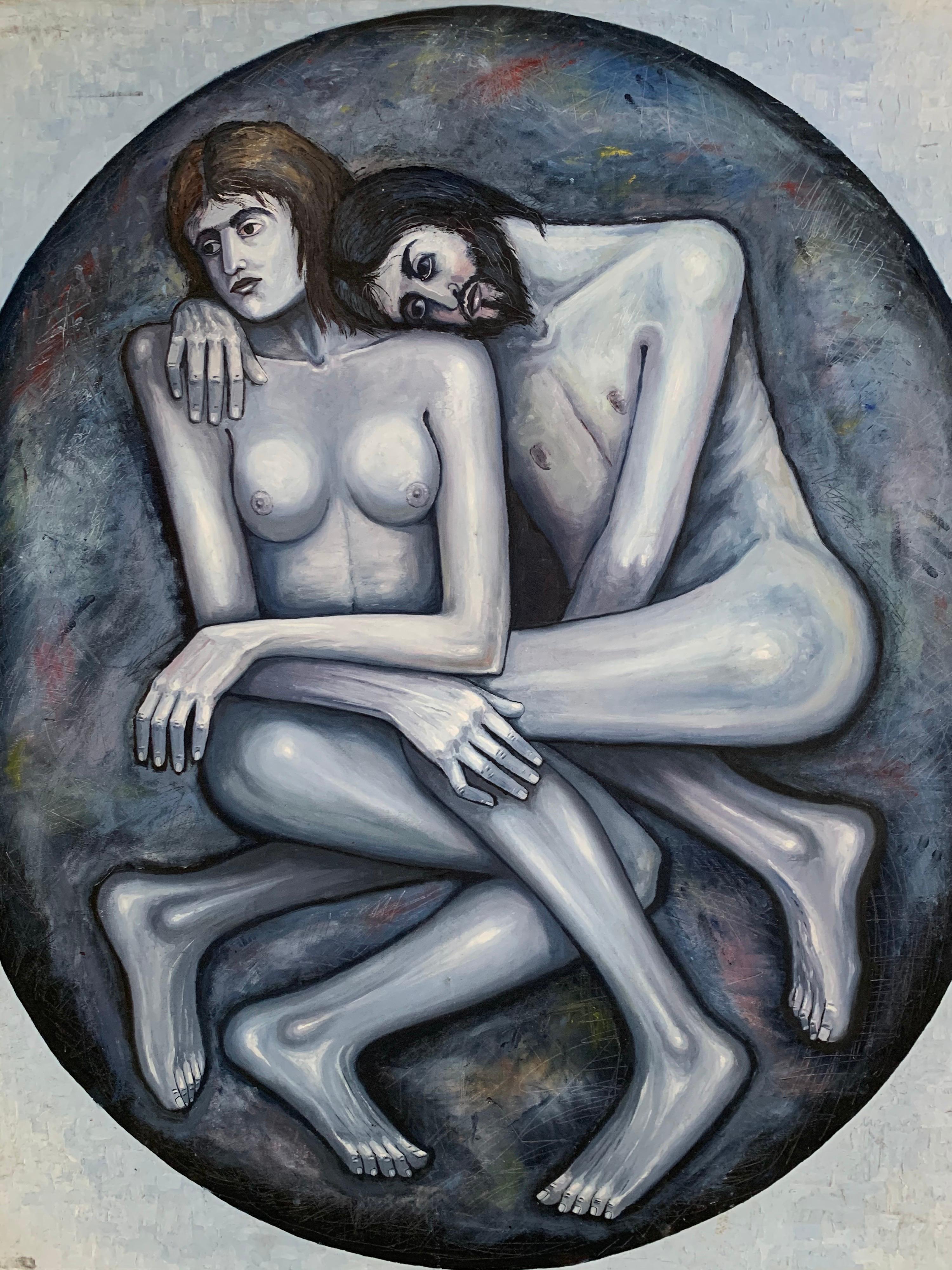 Großes französisches Ölgemälde auf Leinwand, 20. Jahrhundert, Adam & Eve, grau, schwarz und weiß, Oval (Expressionismus), Painting, von French Expressionist