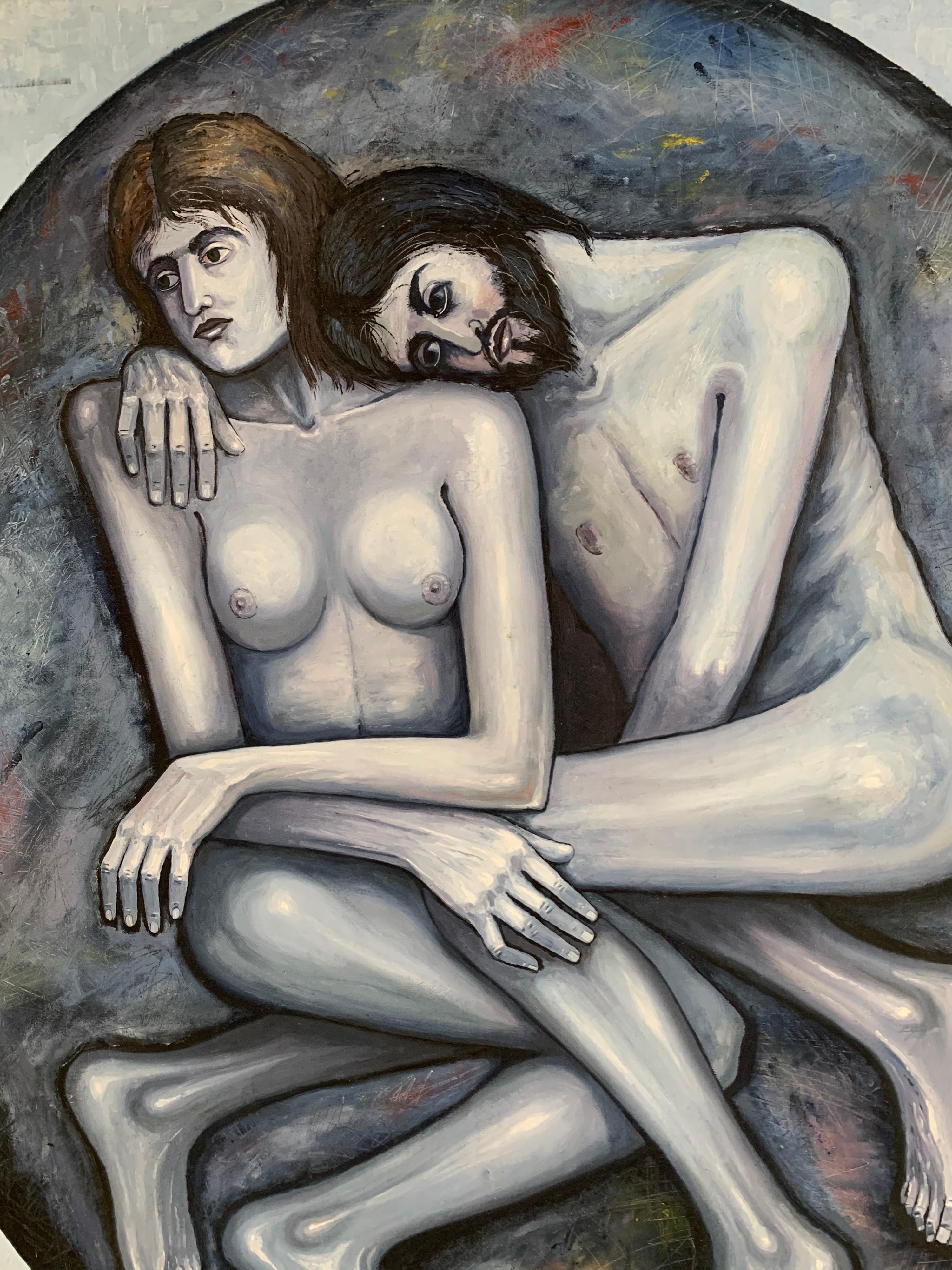 Großes französisches Ölgemälde auf Leinwand, 20. Jahrhundert, Adam & Eve, grau, schwarz und weiß, Oval (Grau), Nude Painting, von French Expressionist