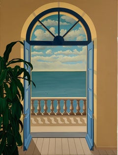 Huge 1970's Danish Surrealist Oil Painting - Looking through Window to Sea