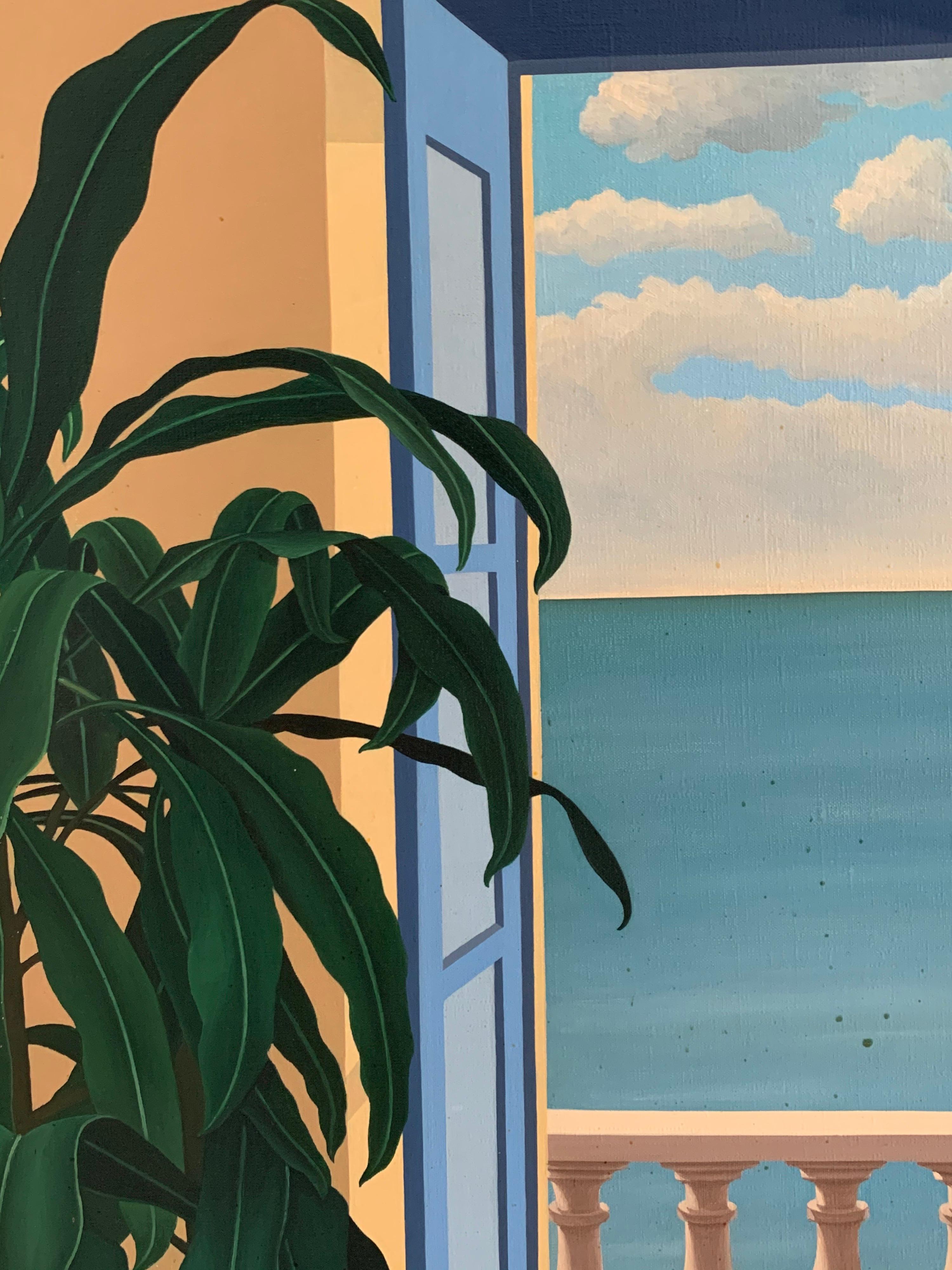 Huge 1970's Danish Surrealist Oil Painting - Looking through Window to Sea - Brown Landscape Painting by Wendt