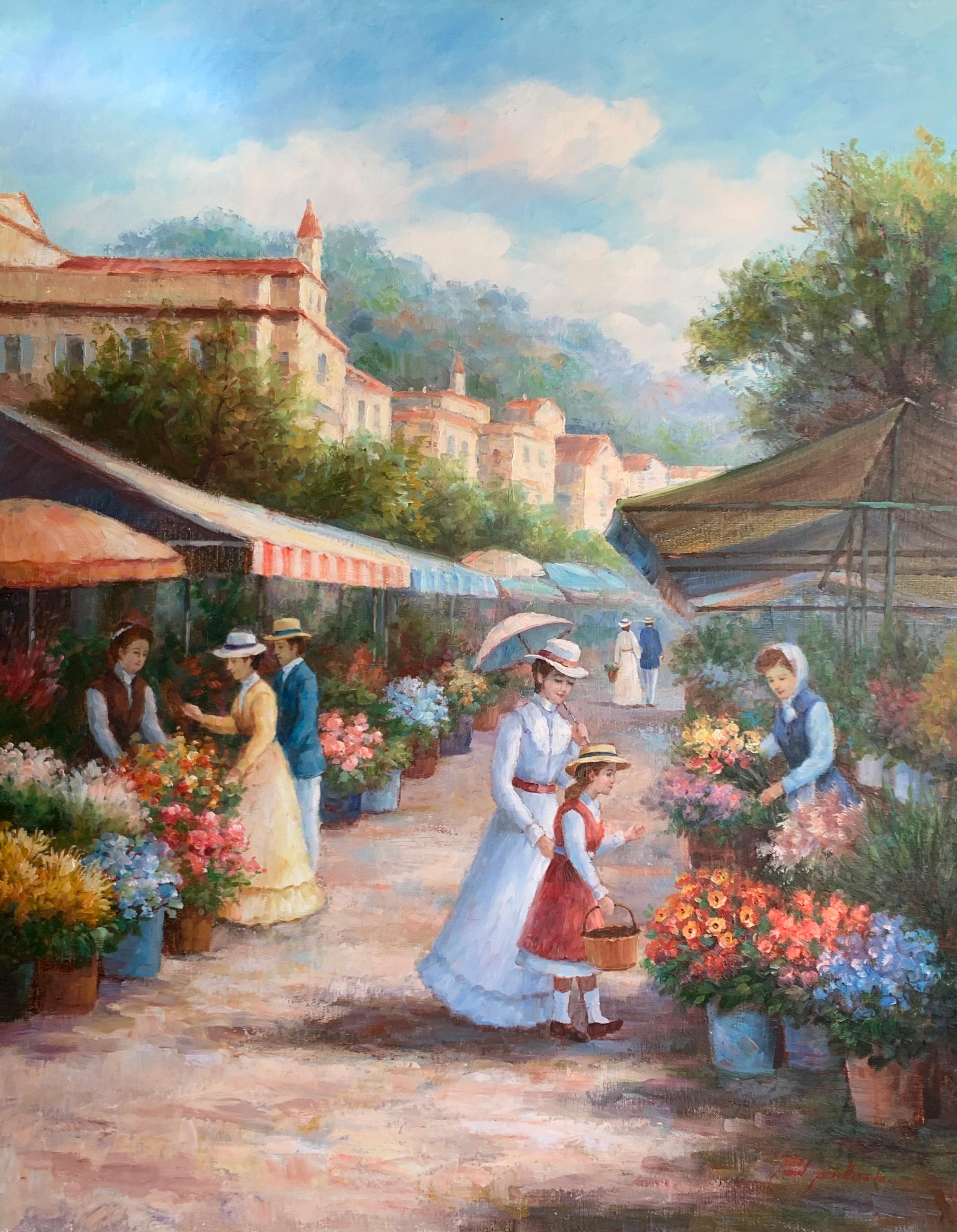 Paul Pellaro Figurative Painting - Le Marche de Fleurs Very Large French Impressionist Signed Oil Figures at Market