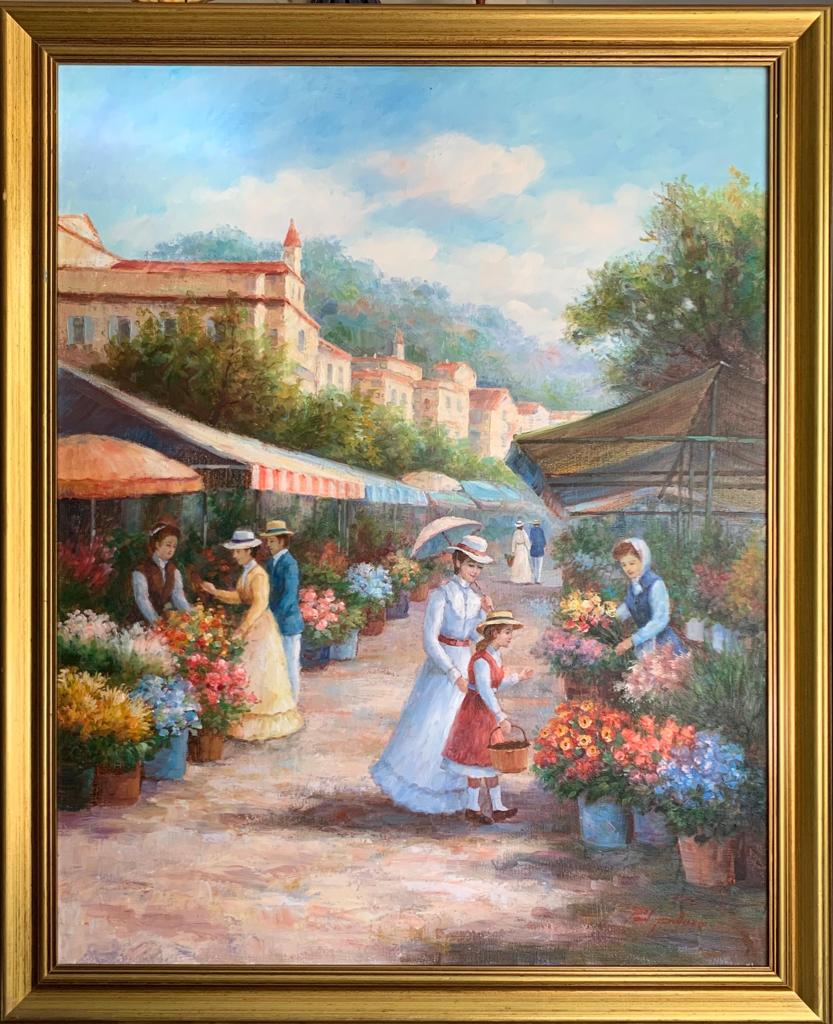 Le Marche de Fleurs Sehr große Französisch Impressionist signiert Öl Figuren auf dem Markt – Painting von Paul Pellaro