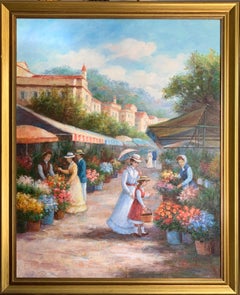 Le Marche de Fleurs Very Large French Impressionist Signed Oil Figures at Market