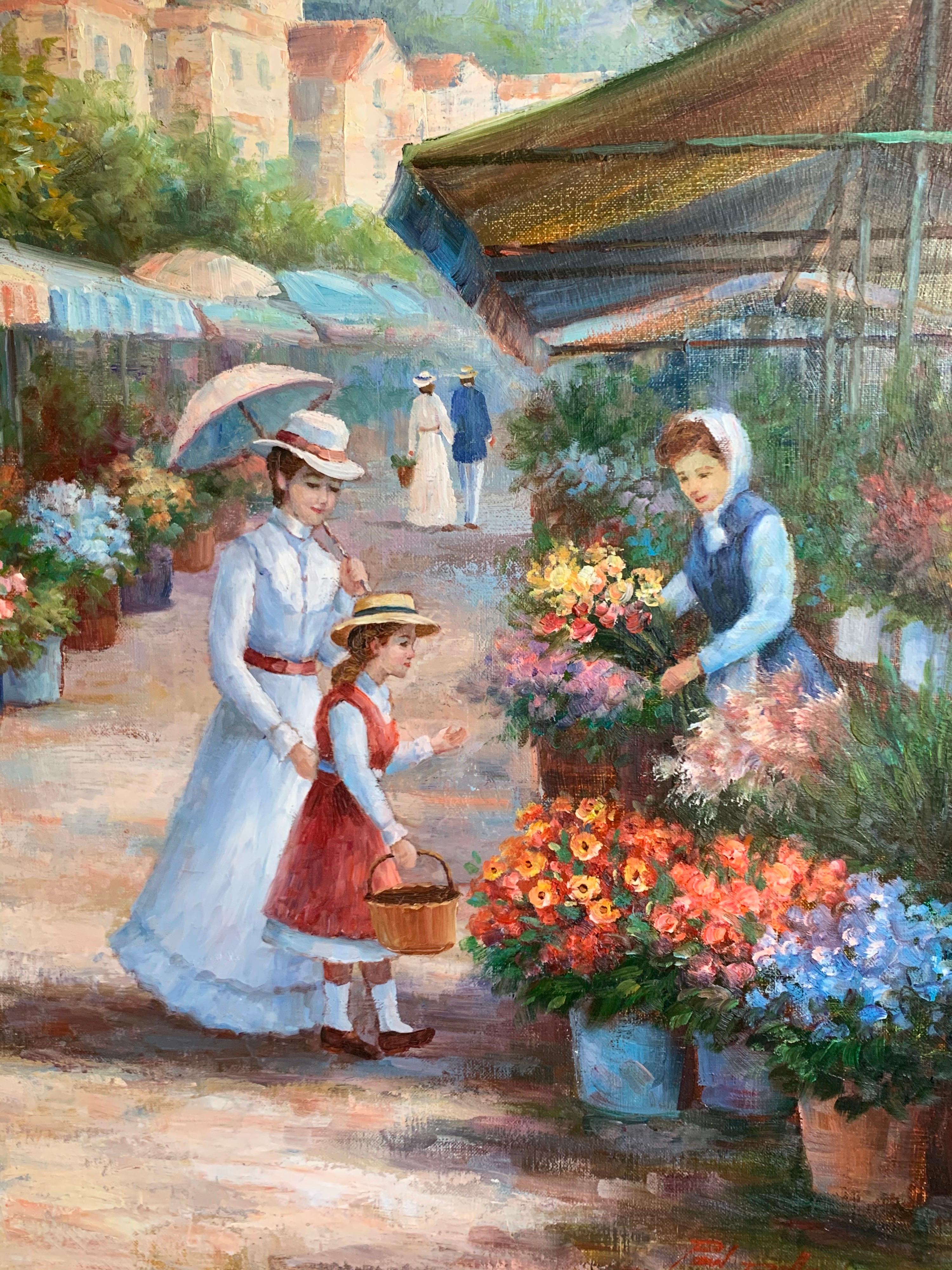 Le Marche de Fleurs Sehr große Französisch Impressionist signiert Öl Figuren auf dem Markt (Impressionismus), Painting, von Paul Pellaro