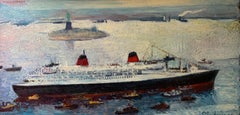 Vintage RMS Queen Elizabeth sailing into New York Statue of Liberty Oil Painting