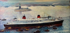 RMS Queen Elizabeth sailing into New York Statue of Liberty Oil Painting