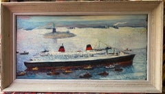 Peinture à l'huile de la reine Elizabeth naviguant vers la Statue de la Liberté de New York