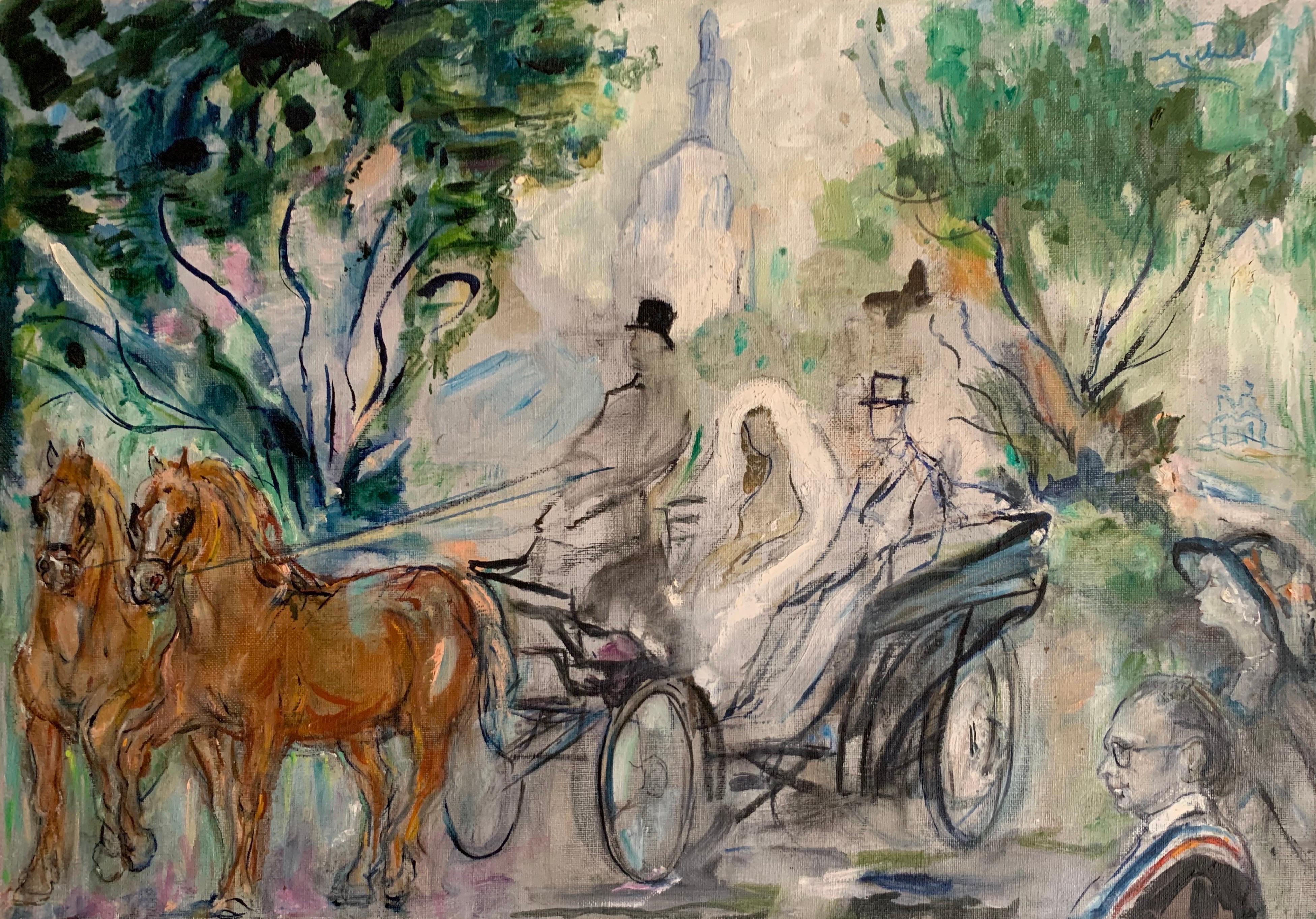 Janie Michels Figurative Painting - The Wedding Carriage - Bridge & Groom leaving Church - Pupil of Matisse
