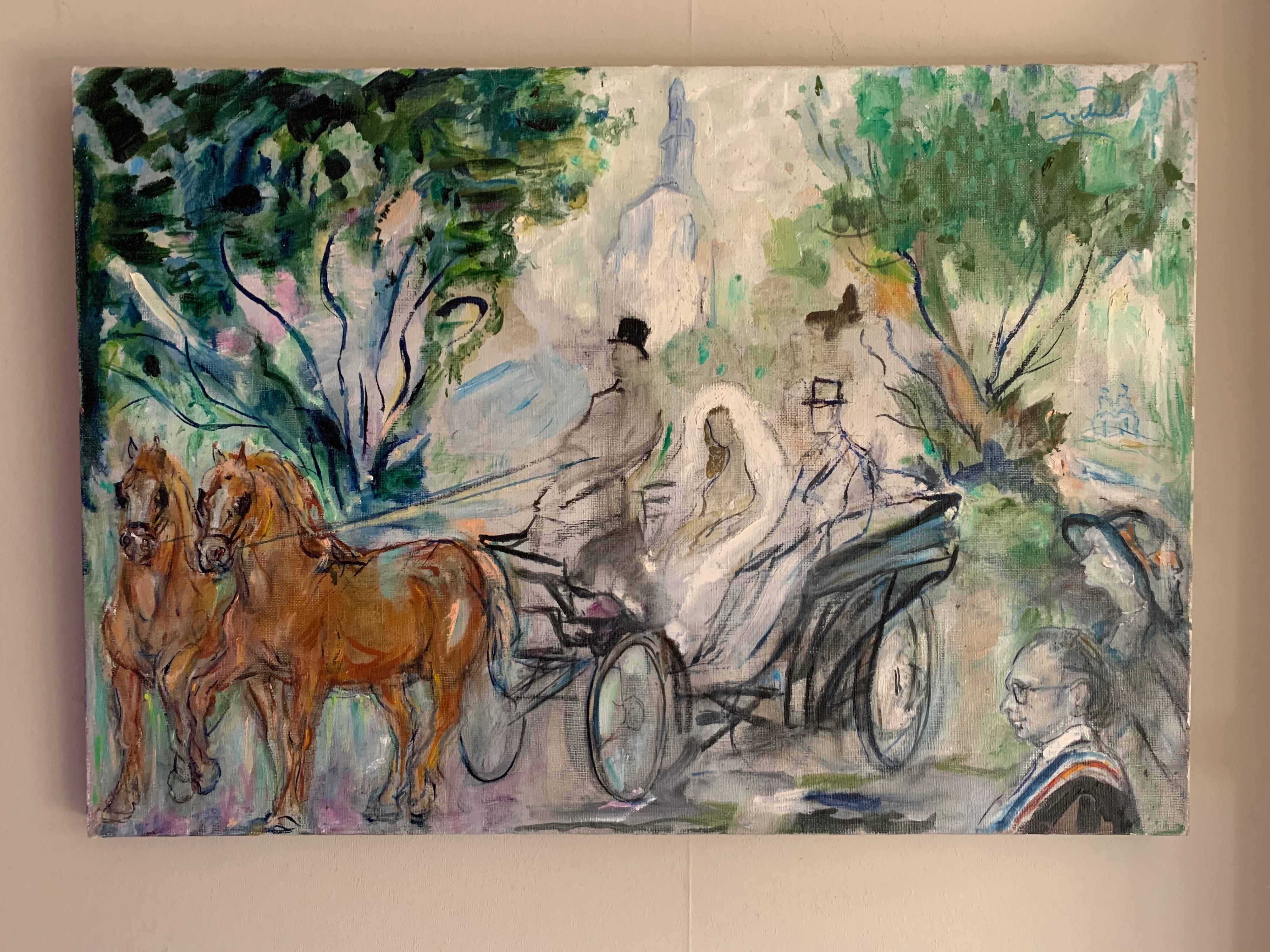 The Wedding Carriage - Bridge & Groom leaving Church - Pupil of Matisse - Painting by Janie Michels