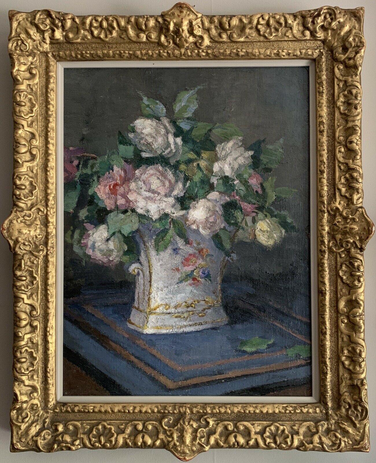 Still-Life Painting J. MASON - HUILE IMPRESSIONNISTE ANGLAISE DU DÉBUT DES ANNÉES 1900 - NATURE MORTE AUX ROSES DANS UN VASE ORNÉ