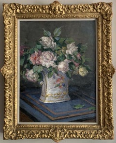 EARLY 1900
S ENGLISH IMPRESSIONIST SIGNED OIL - STILL LIFE ROSES IN ORNATE VASE