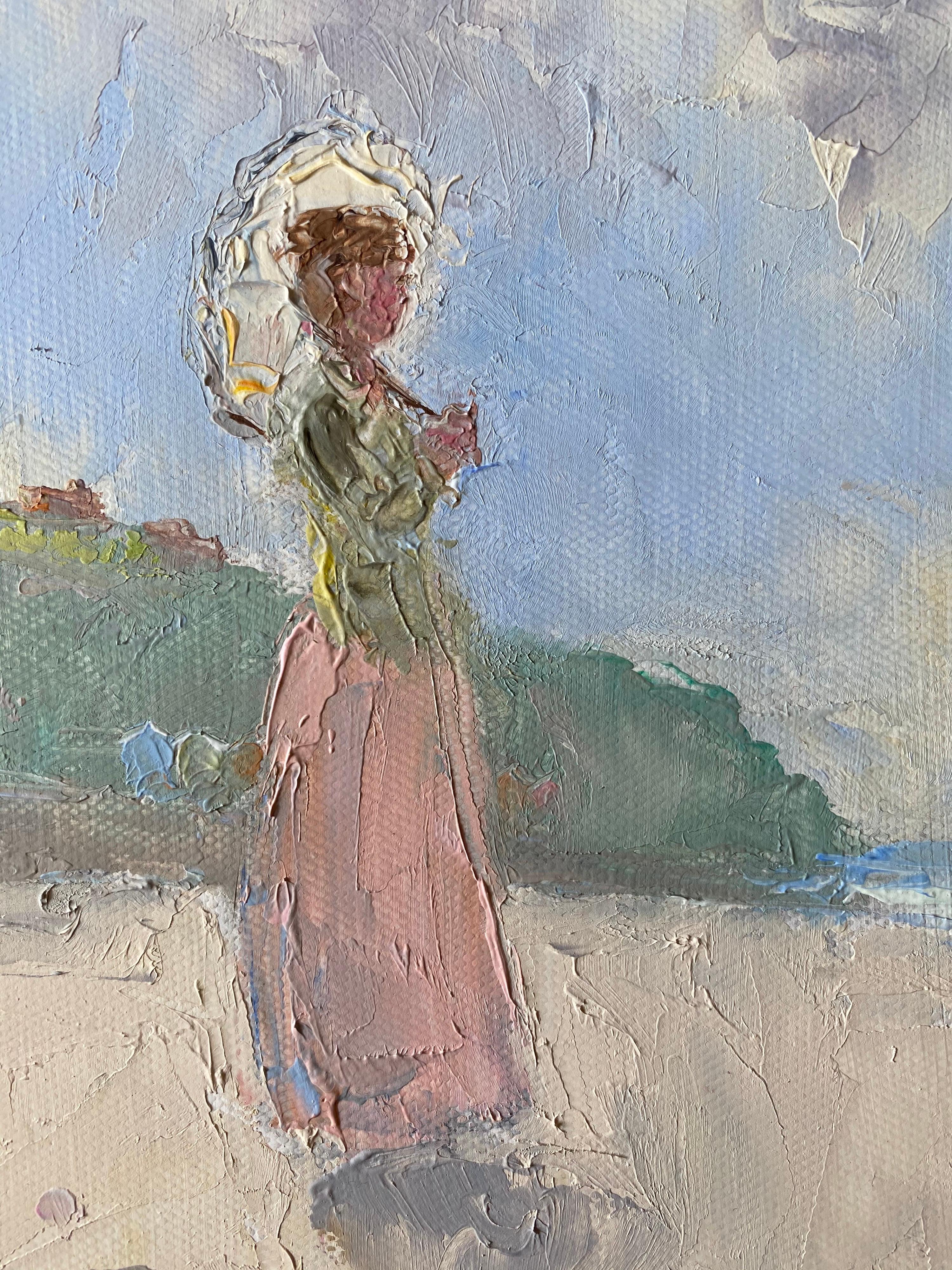 Elegant Lady with Parasol looking out to Sea on Beach, Soft Pastel Shades Color - Painting by English Impressionist