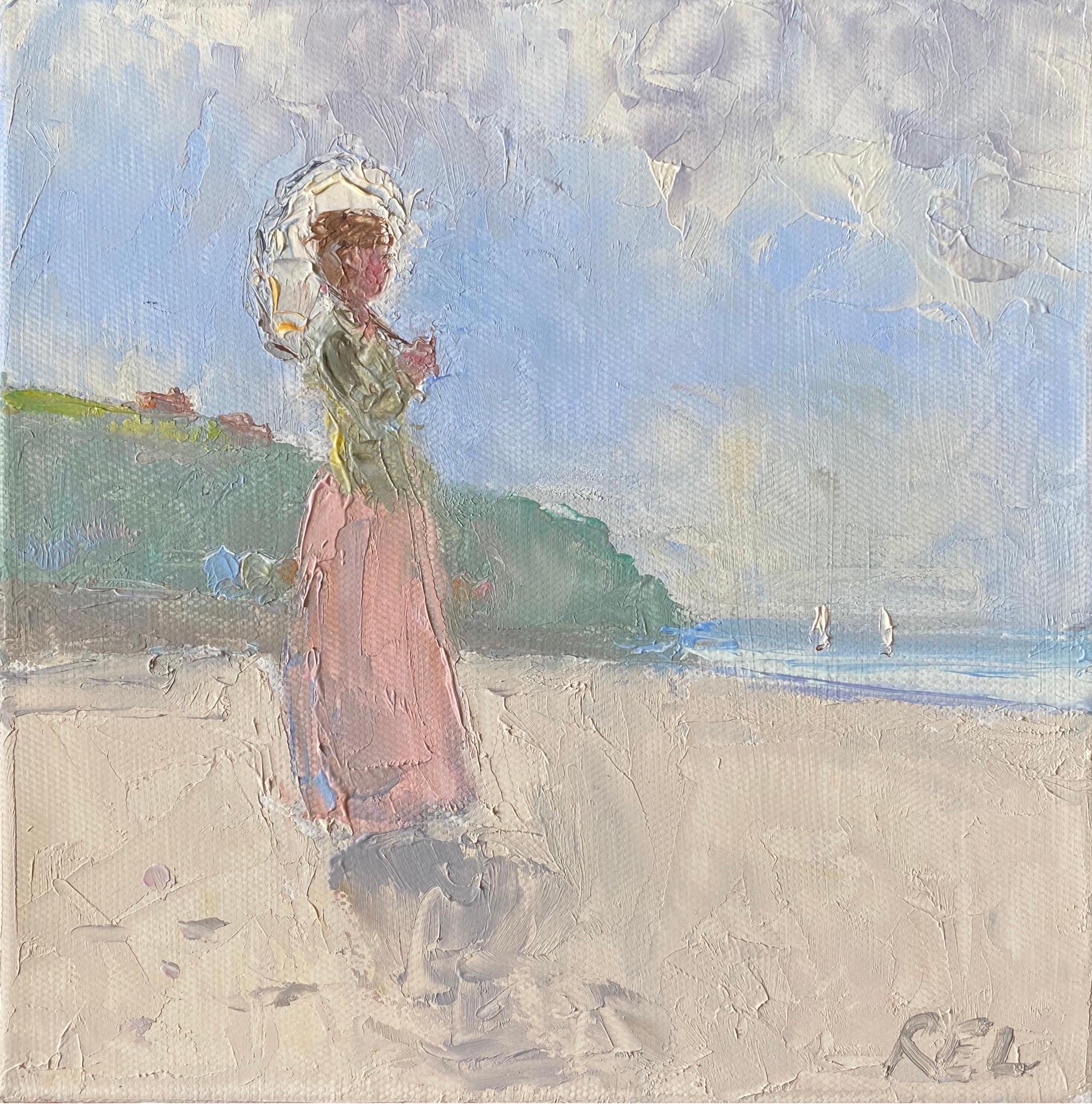 English Impressionist Figurative Painting - Elegant Lady with Parasol looking out to Sea on Beach, Soft Pastel Shades Color