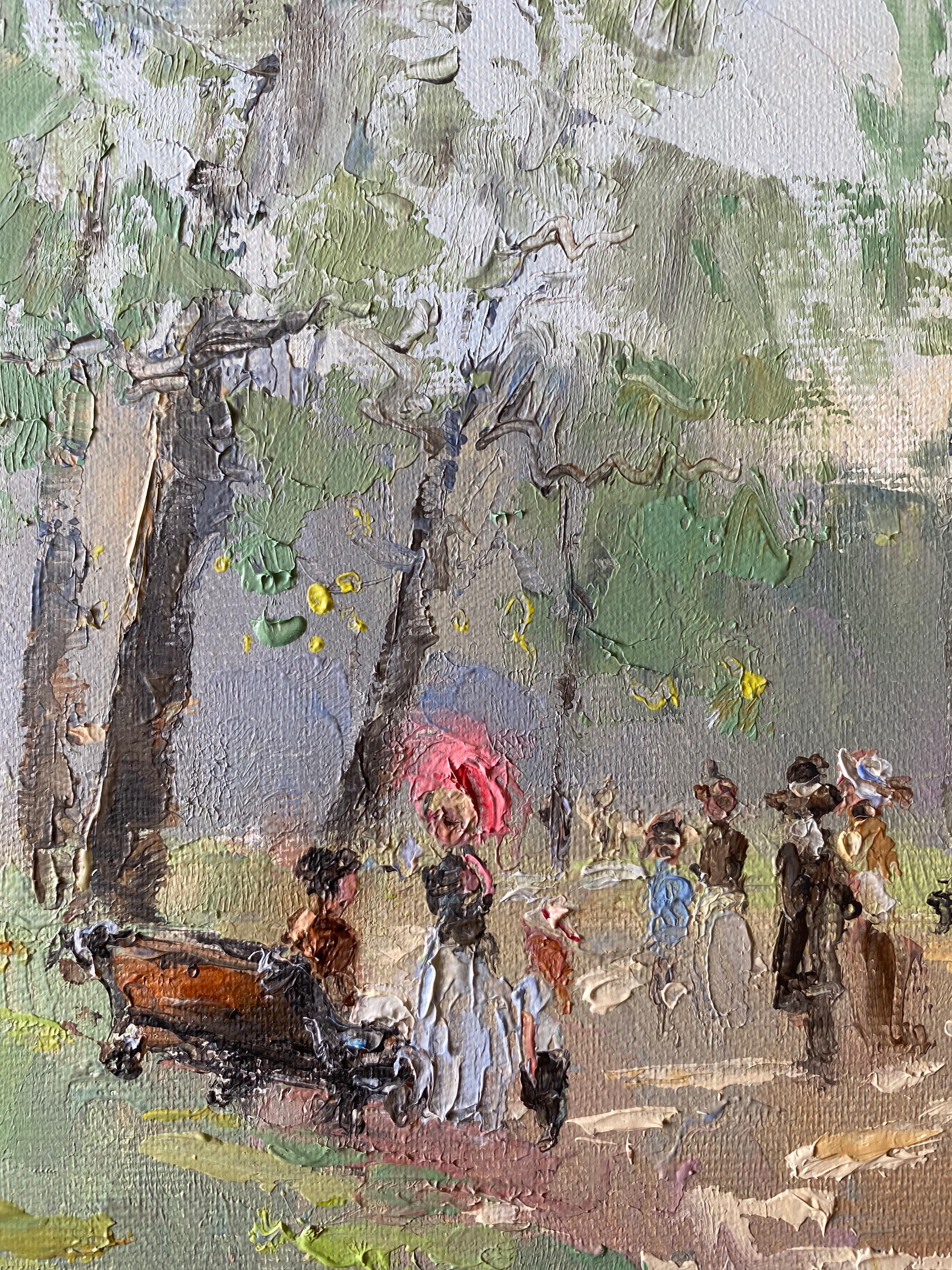Elegant Figures Walking in Parisian Park, soft green shades of color - Painting by English Impressionist