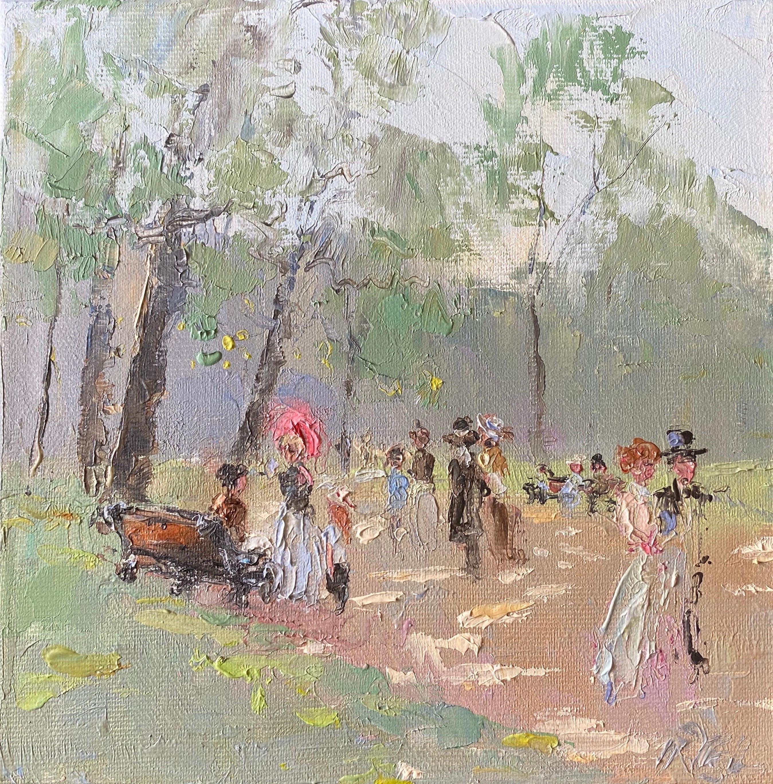Landscape Painting English Impressionist - Figures élégantes marchant dans un parc parisien, de douces nuances de couleurs vertes