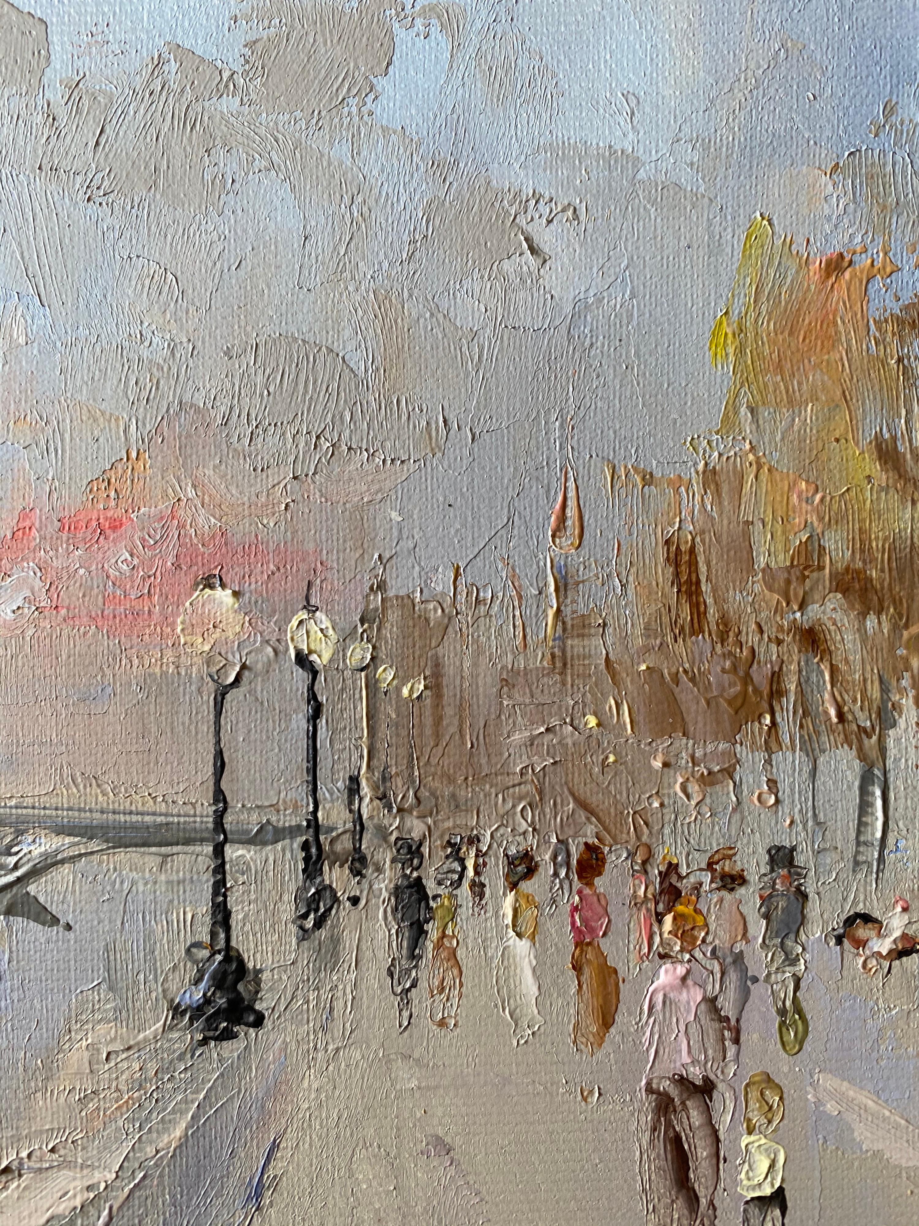Figures Walking by the River Seine Paris, early evening pink sunset sky - Painting by English Impressionist