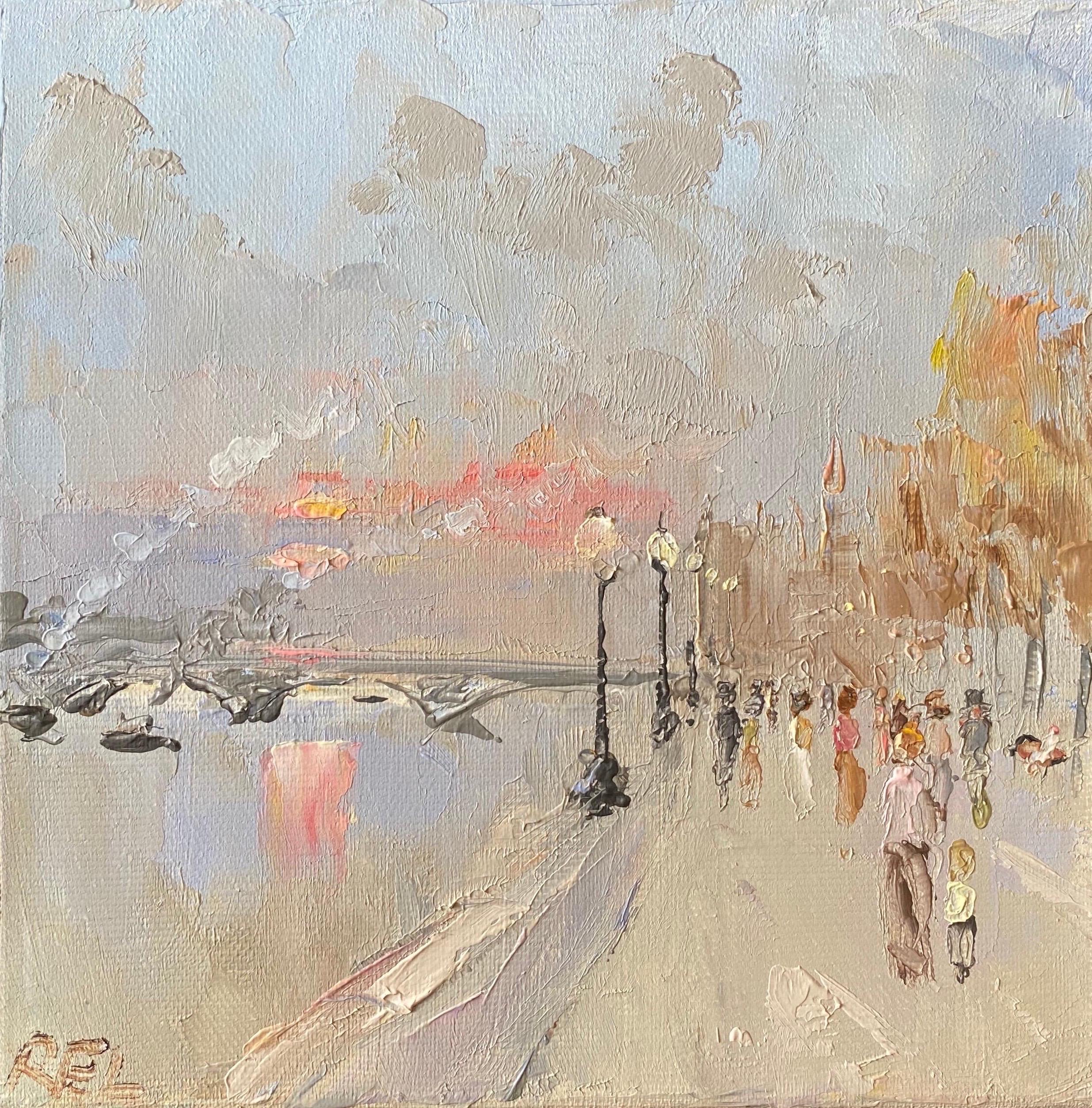 English Impressionist Landscape Painting - Figures Walking by the River Seine Paris, early evening pink sunset sky