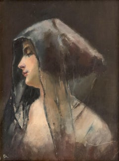 Vintage MID 20TH CENTURY FRENCH SYMBOLIST PORTRAIT OF A LADY IN VEIL - SIGNED OIL